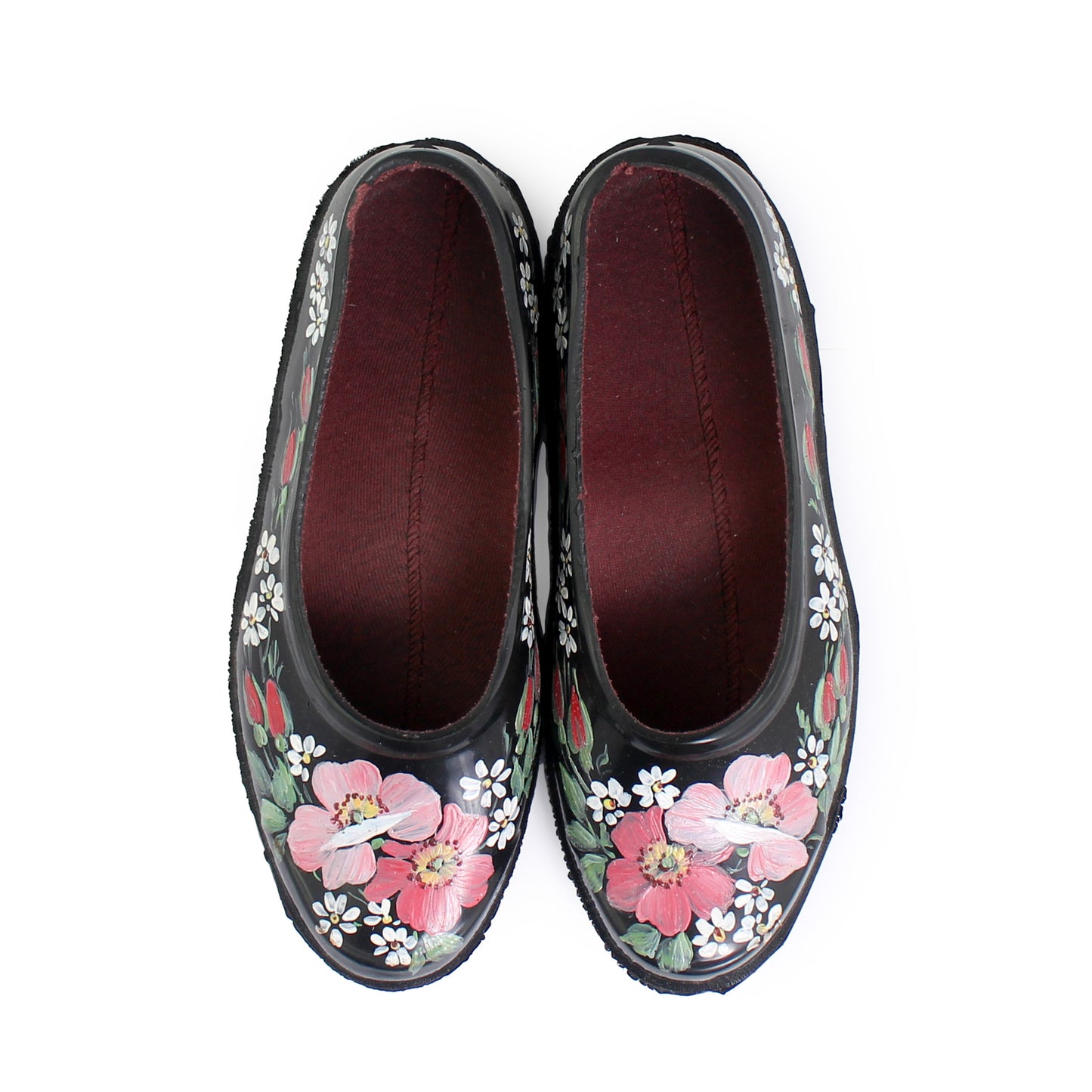 rosamosa black rubber handpainted pink rose flower slippers