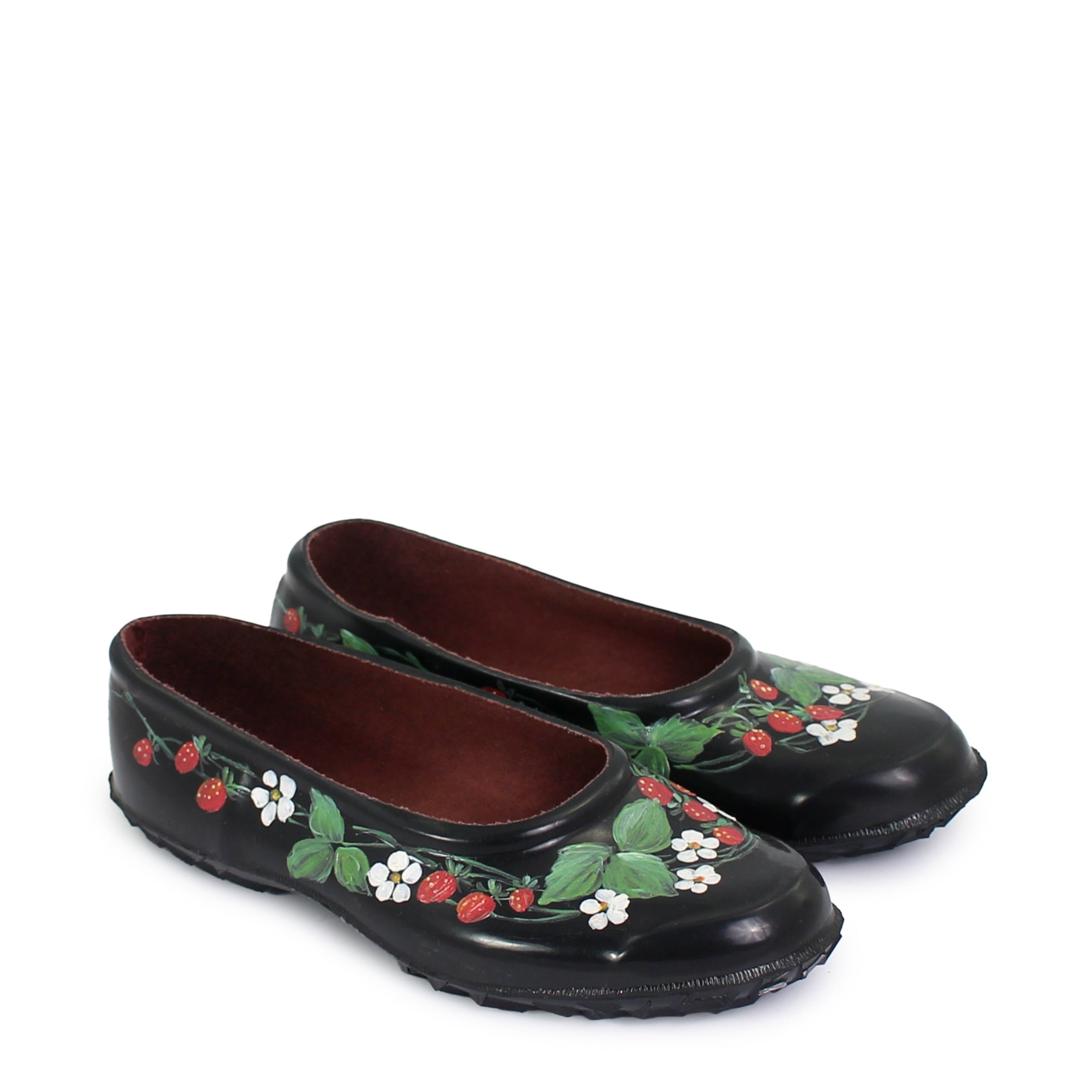 rosamosa black rubber handpainted strawberry slippers
