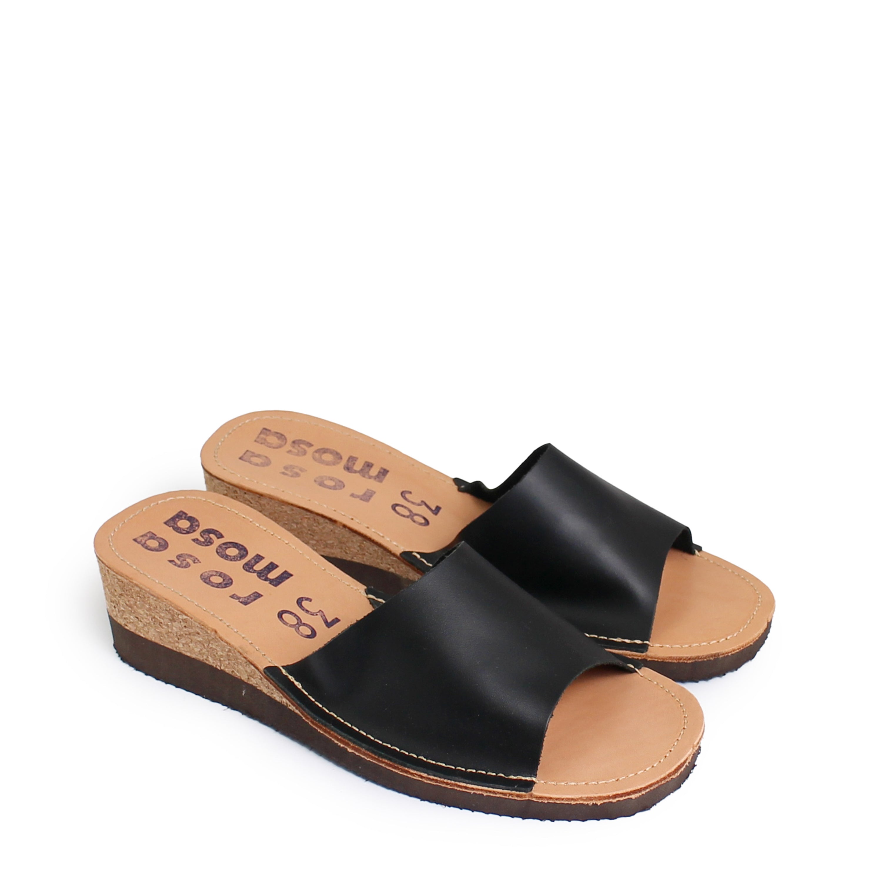 rosamosa black leather slipper cork heel