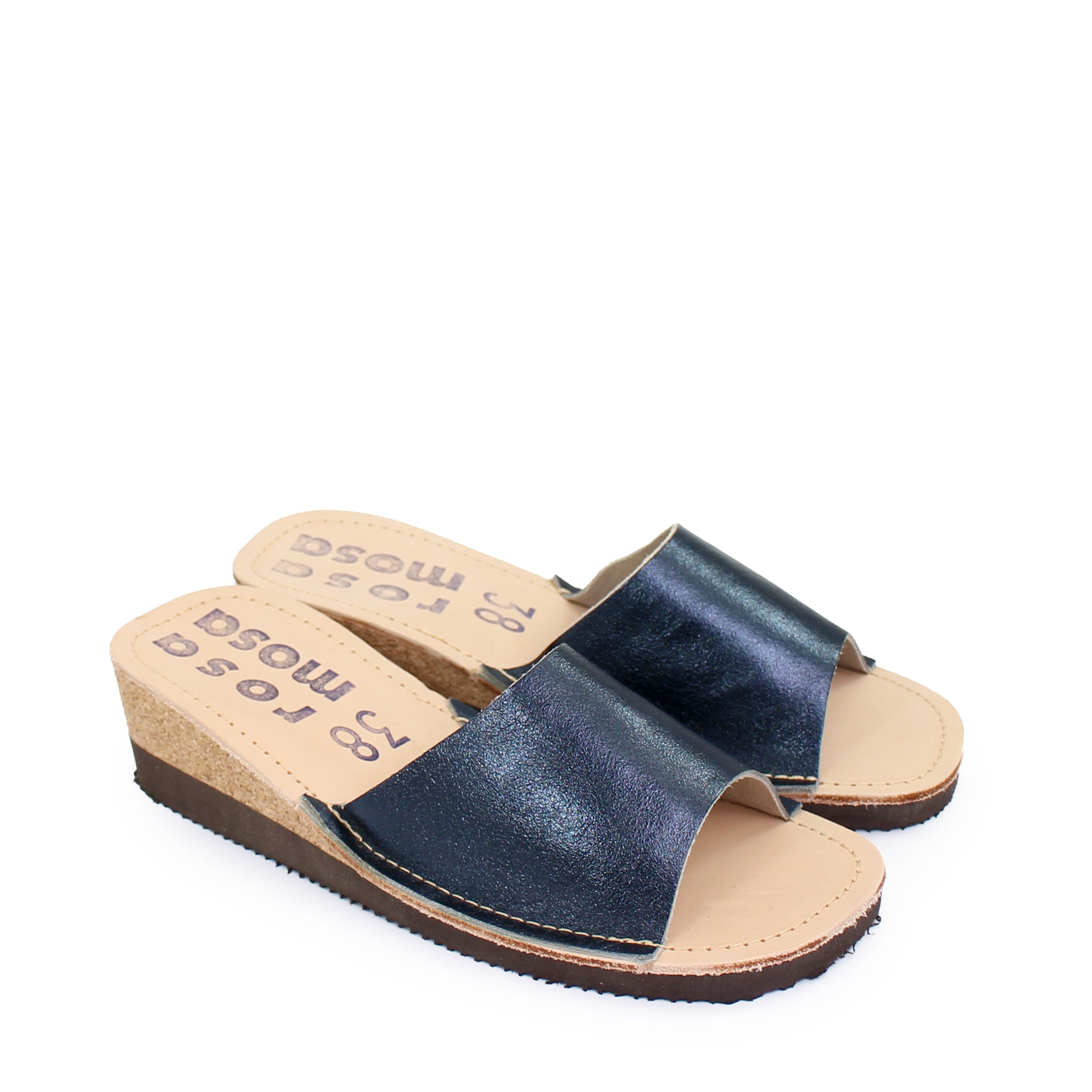 rosamosa blue metallic leather slipper cork heel