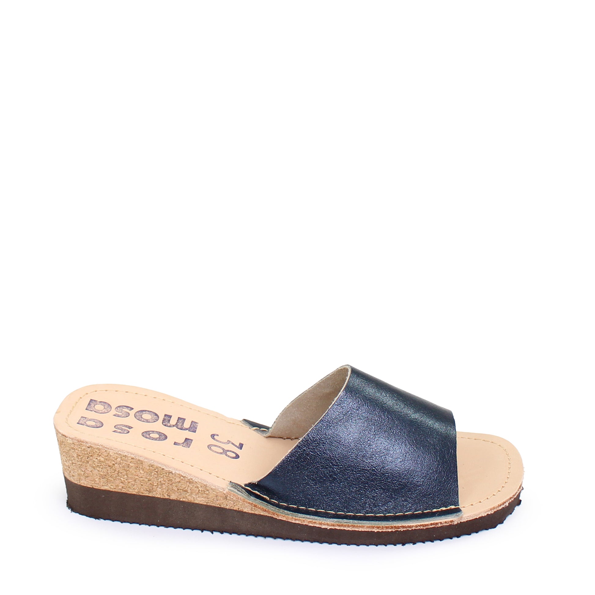 rosamosa blue metallic leather slipper cork heel