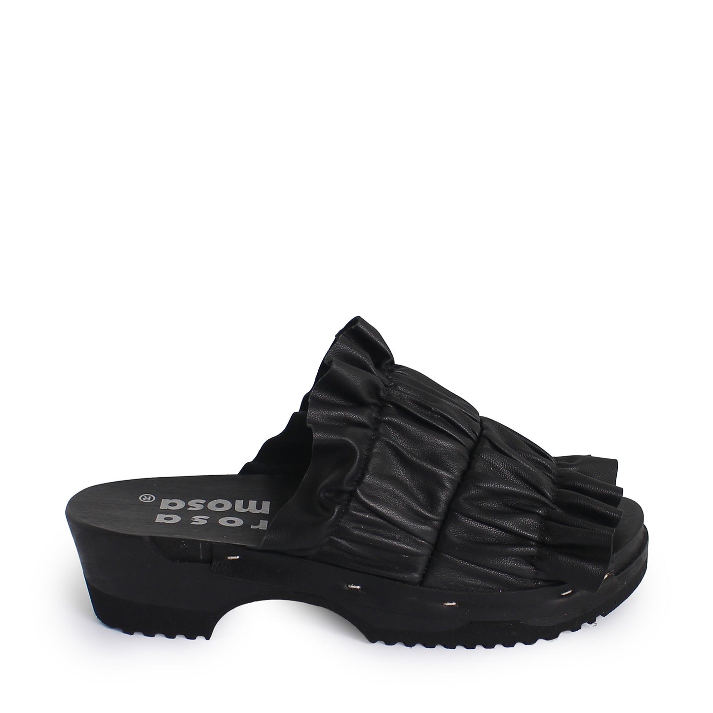 rosamosa chloe black leather wrinkle dark wooden clog