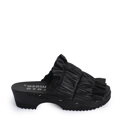 rosamosa chloe black leather wrinkle dark wooden clog
