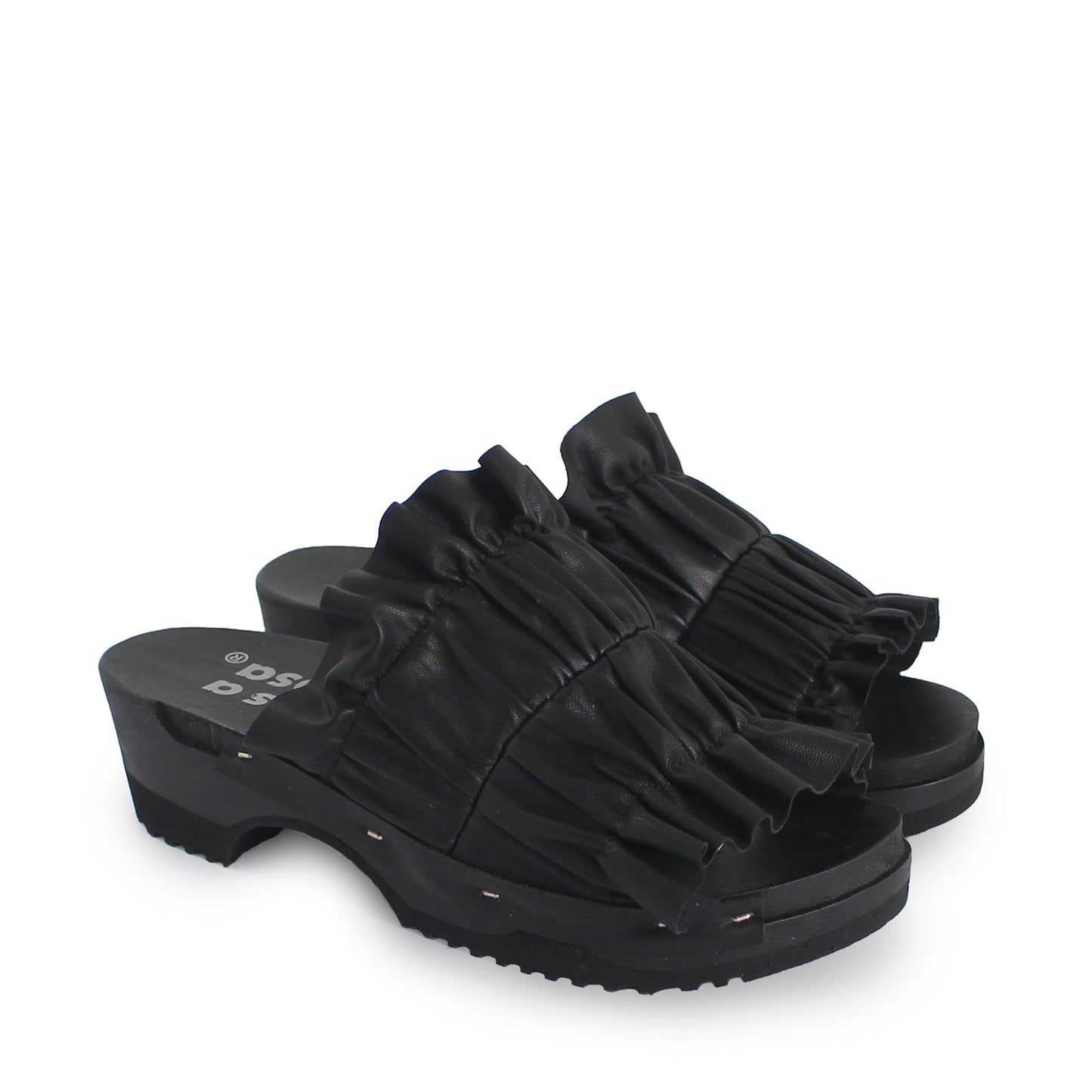 rosamosa chloe black leather wrinkle dark wooden clog