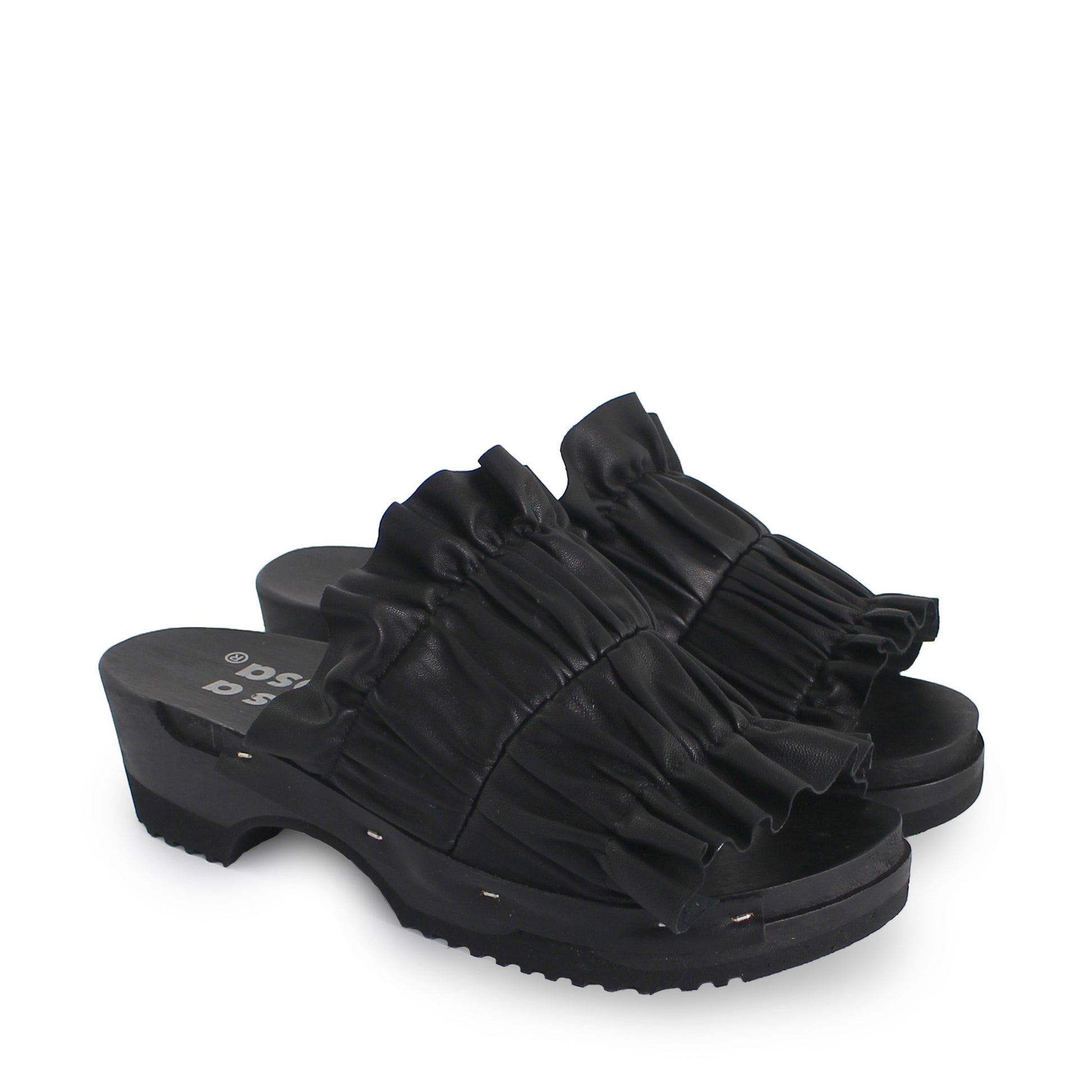 rosamosa chloe black leather wrinkle dark wooden clog