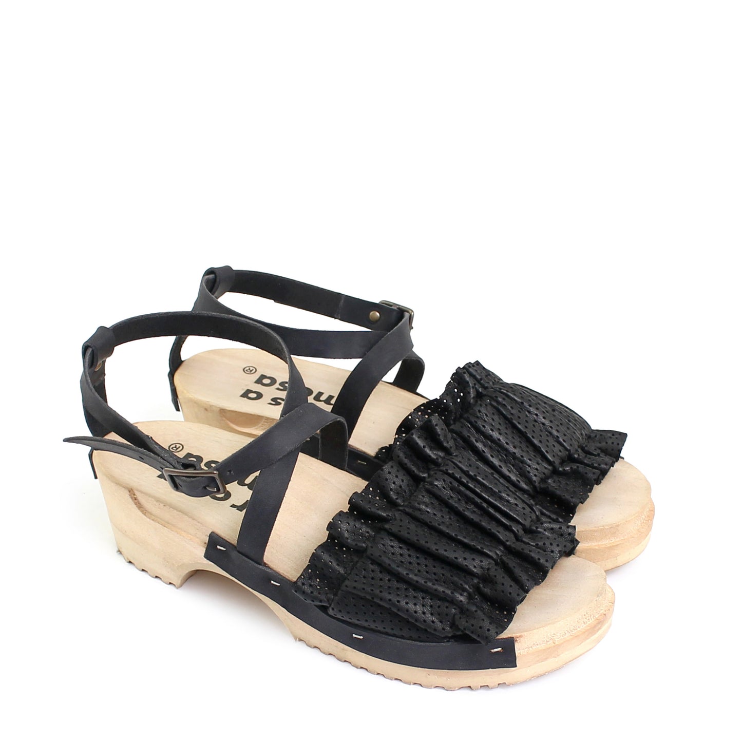 rosamosa chloe strap black leather wooden clog sandal