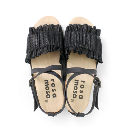 rosamosa chloe strap black leather wooden clog sandal