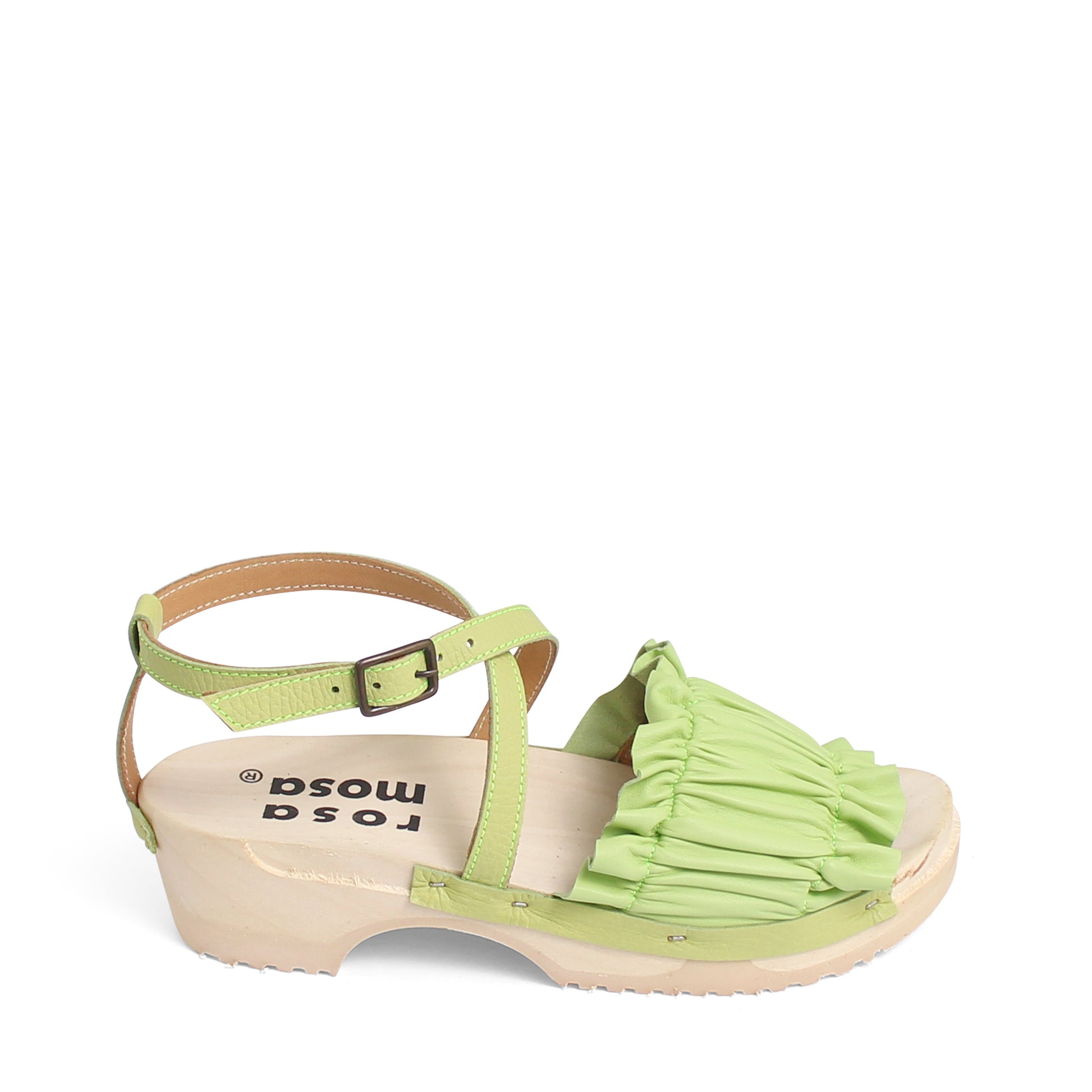 rosamosa chloe strap lime green leather wooden clog sandal