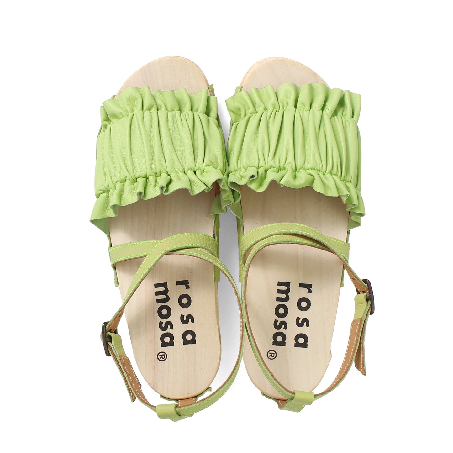 rosamosa chloe strap lime green leather wooden clog sandal