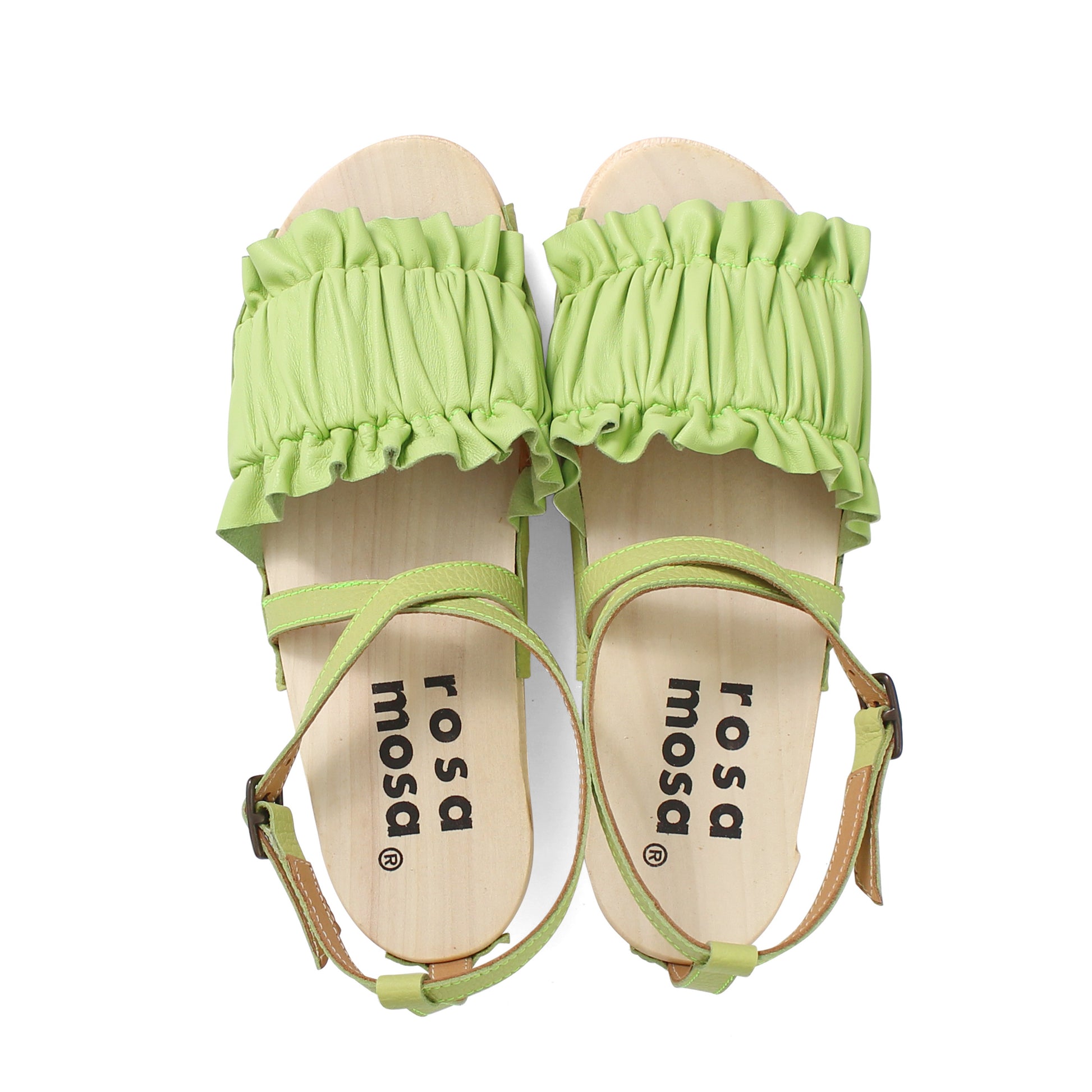 rosamosa chloe strap lime green leather wooden clog sandal