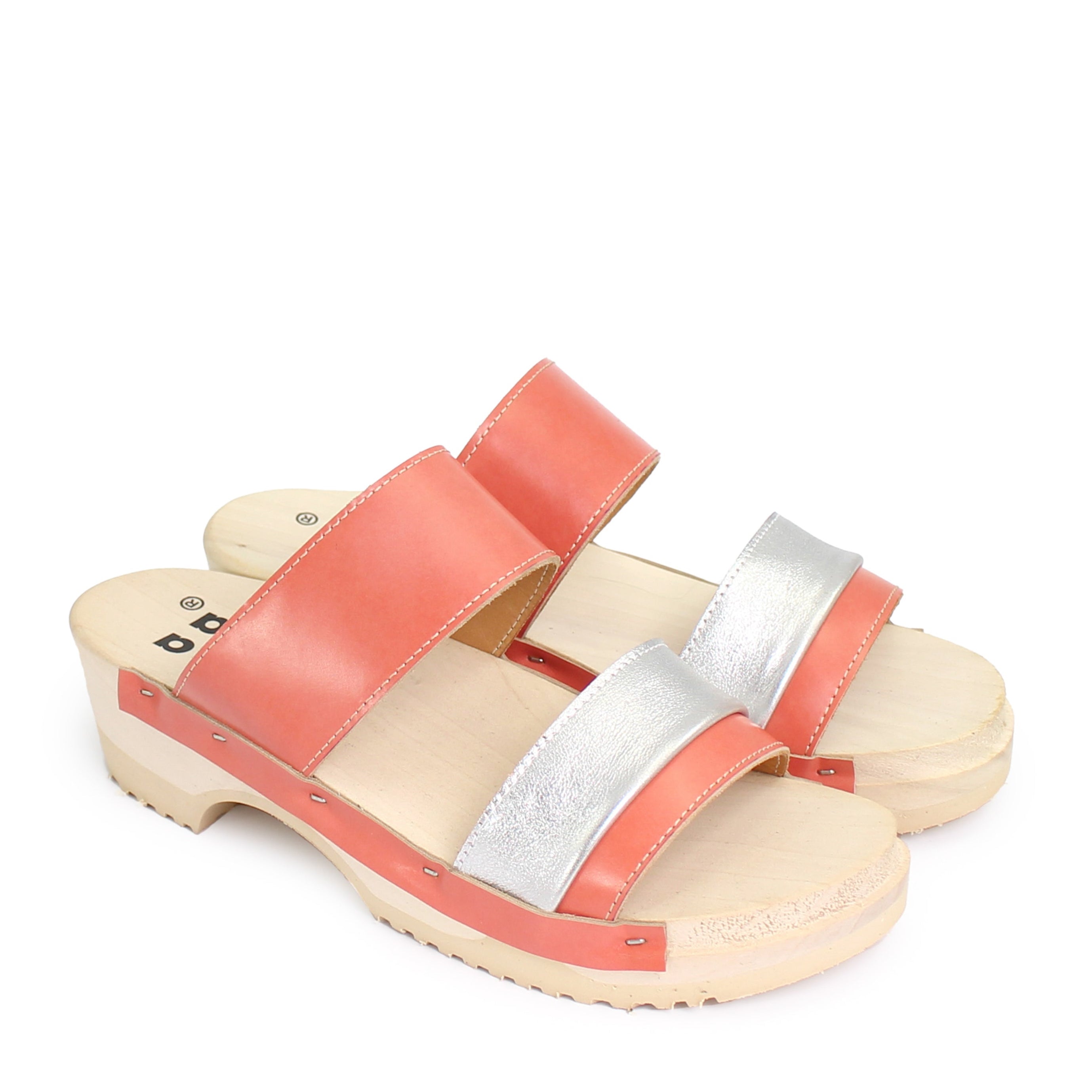 rosamosa donau pink silver leather double dark wooden clog strap slippers