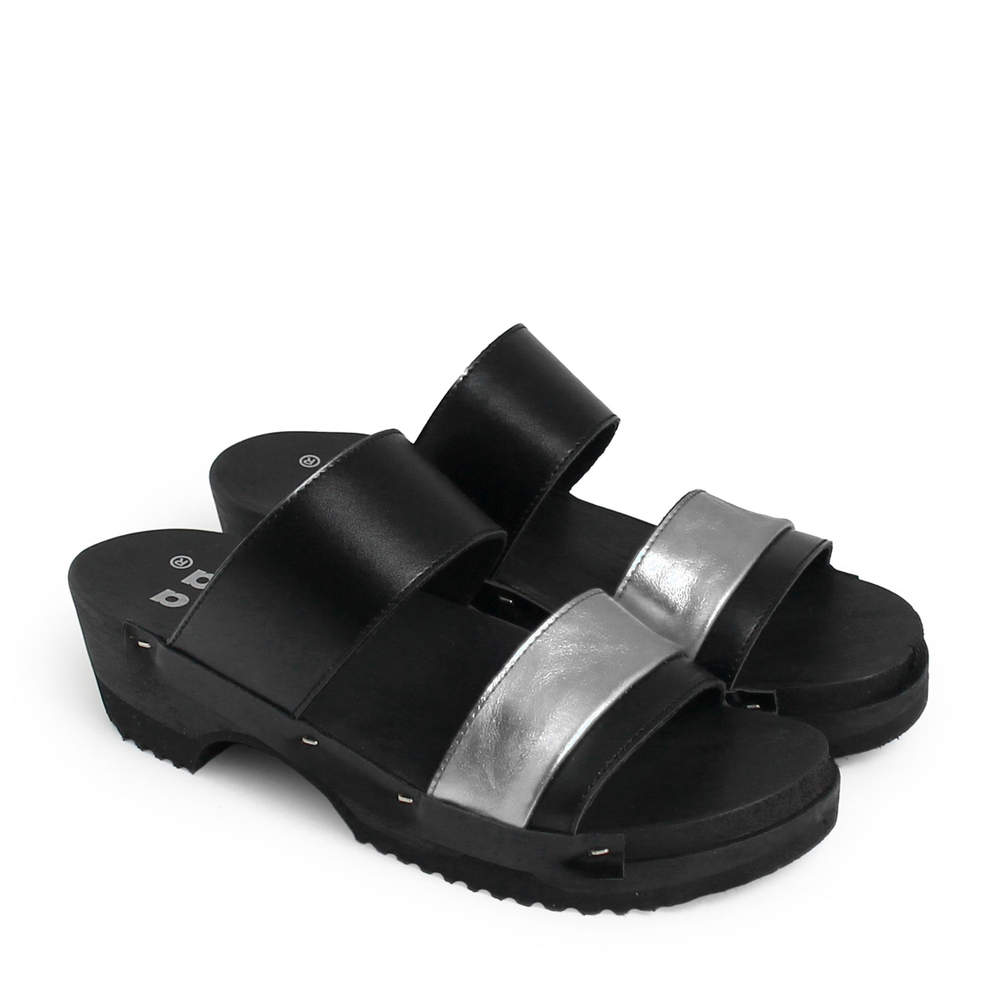 rosamosa donau black silver leather double dark wooden clog strap slippers