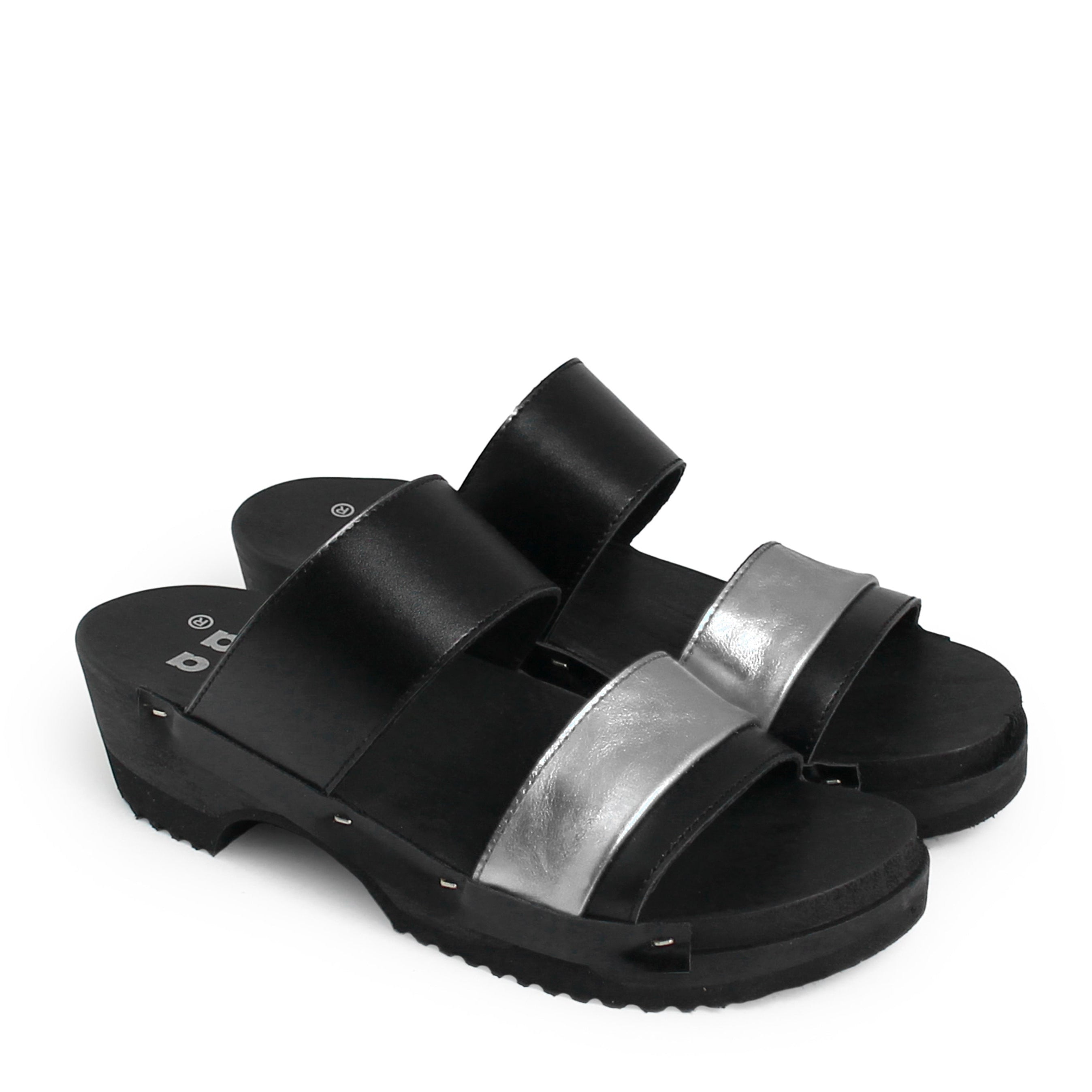 rosamosa donau black silver leather double dark wooden clog strap slippers