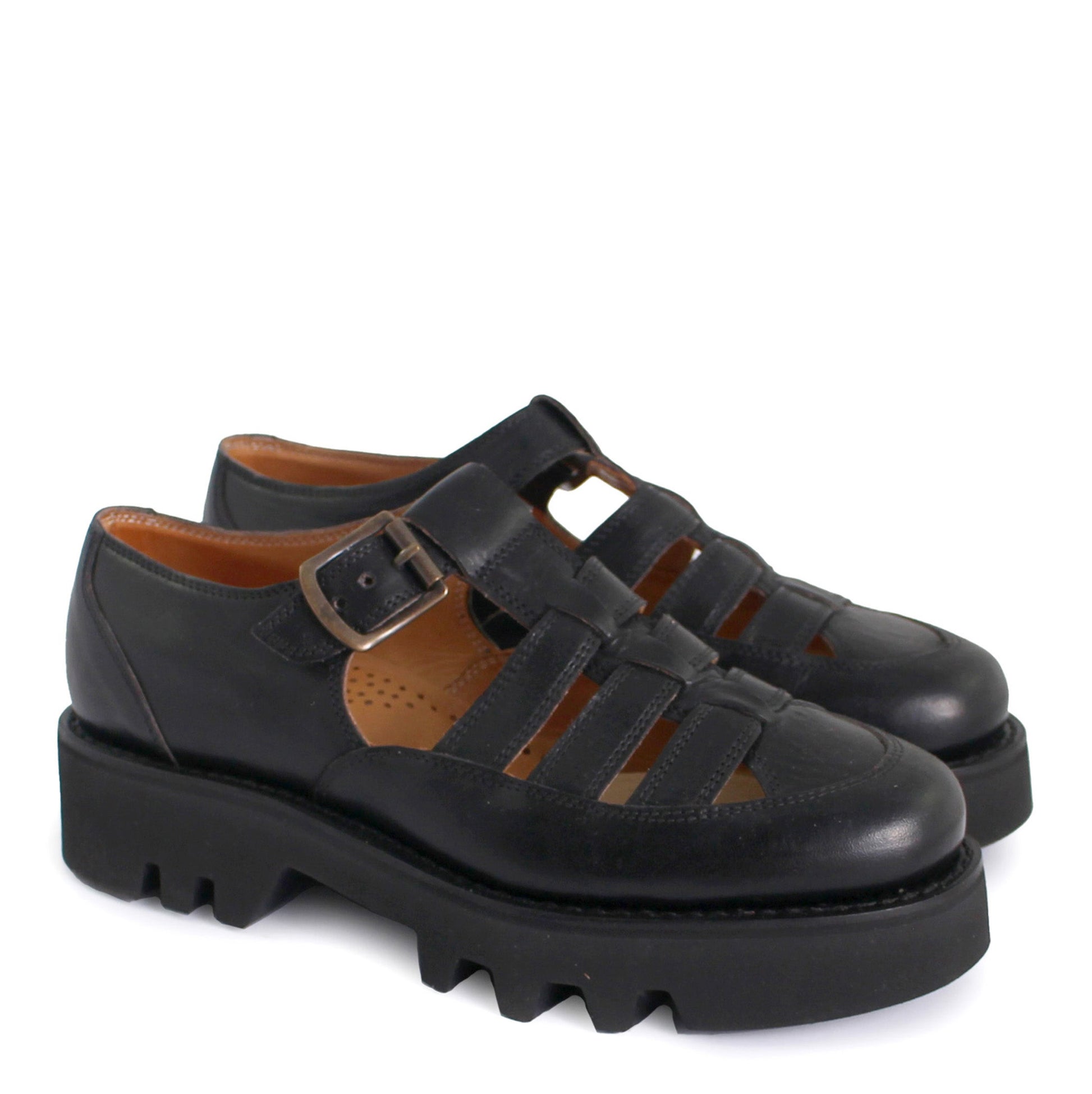 rosamosa buckle t-bar black leather vibram welted sandal shoe 
