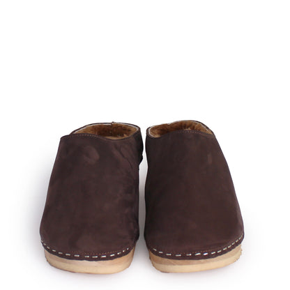 LEO Shearling + Leather Shearling Clogs + Deep Brown / Cuoio