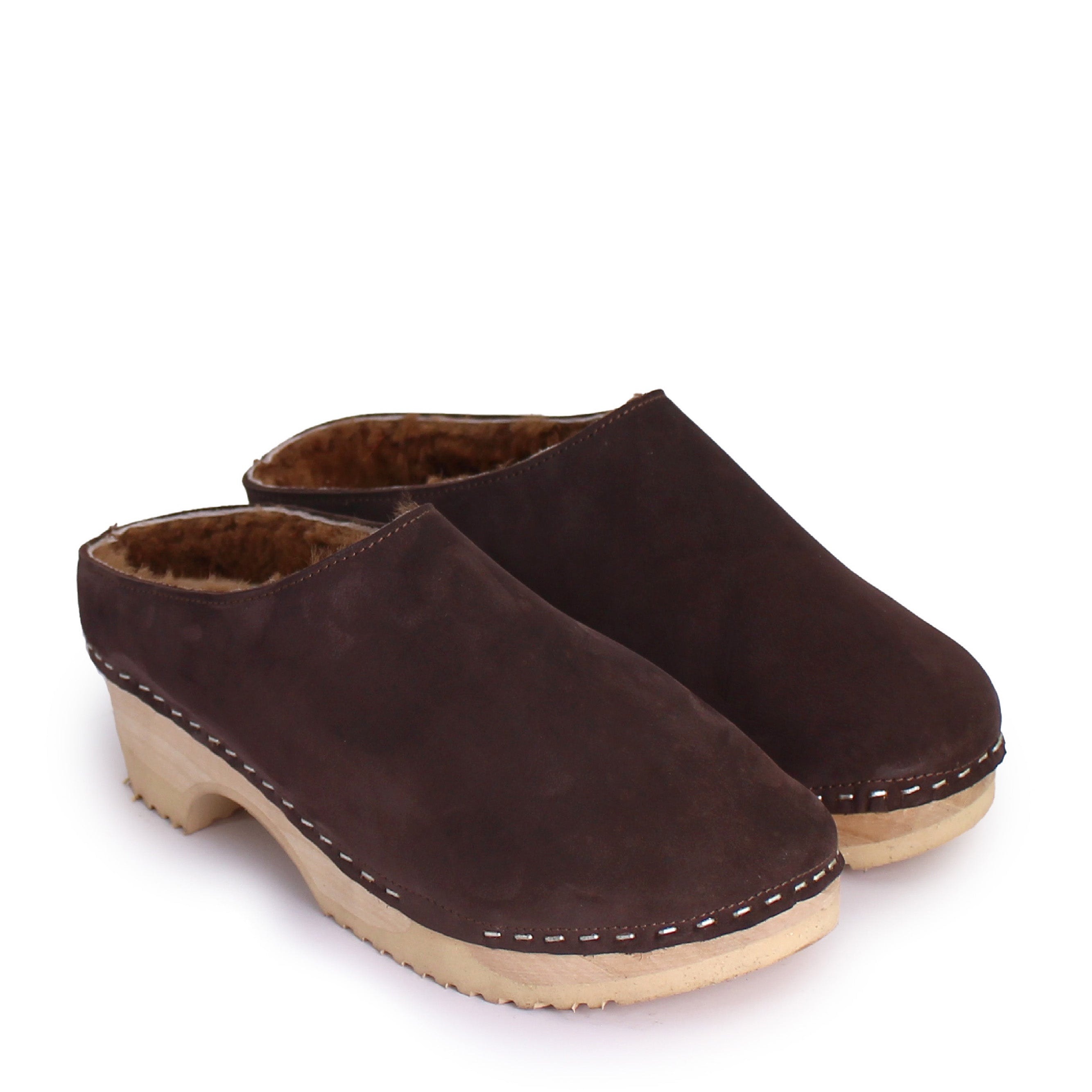 LEO Shearling + Leather Shearling Clogs + Deep Brown / Cuoio