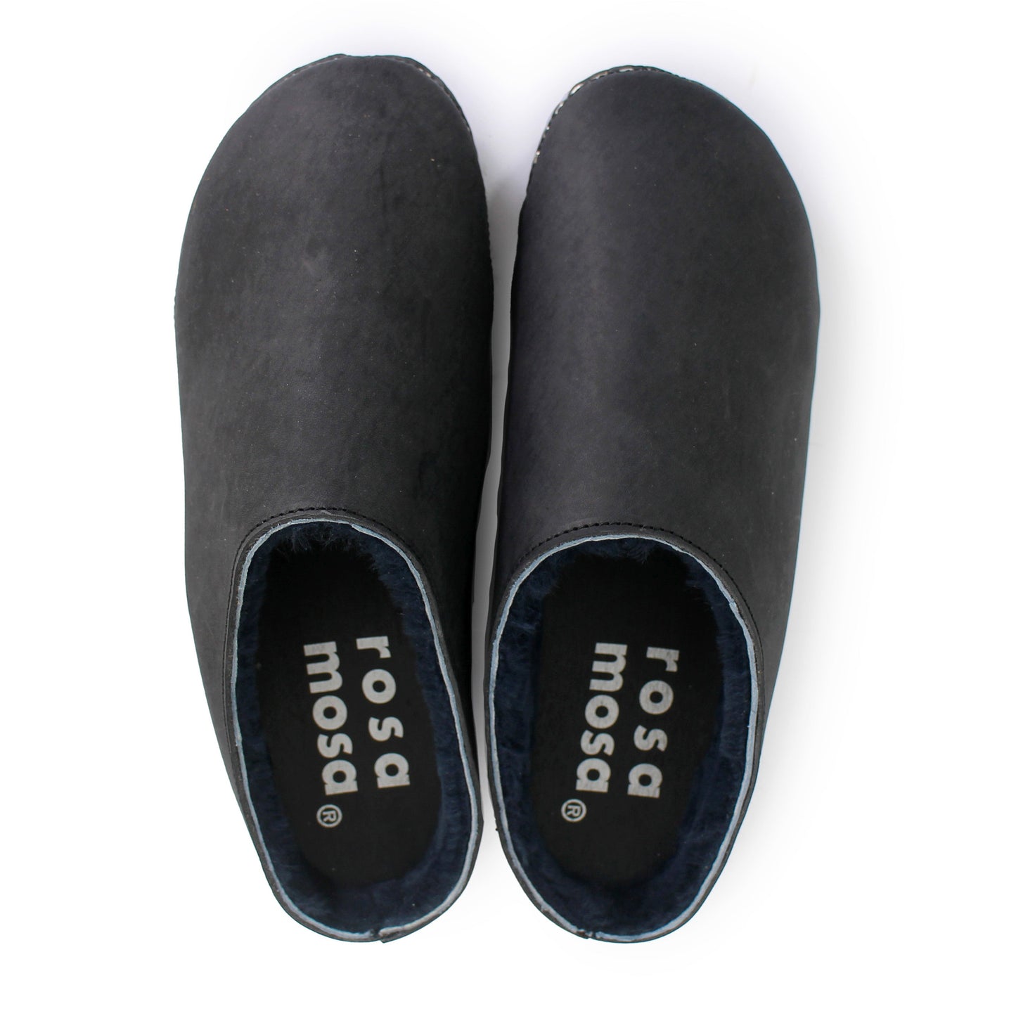 Rosa Mosa round black leather blue shearling dark wooden clog adult woman man