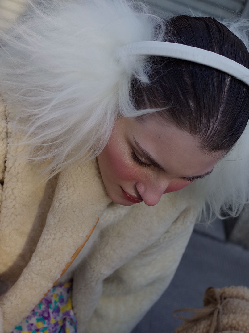 EAR WARMERS L + Shearling leather earmuffs + White