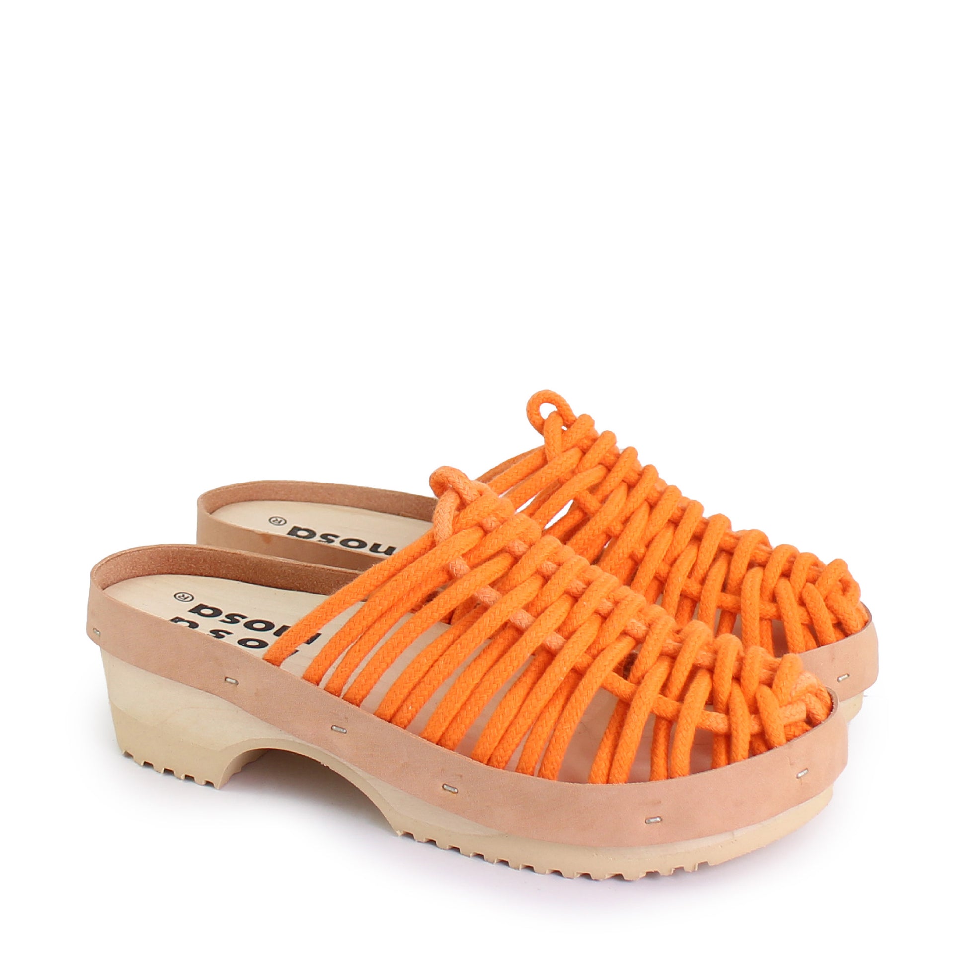 rosamosa panto orange cotton hand-woven net wooden clog