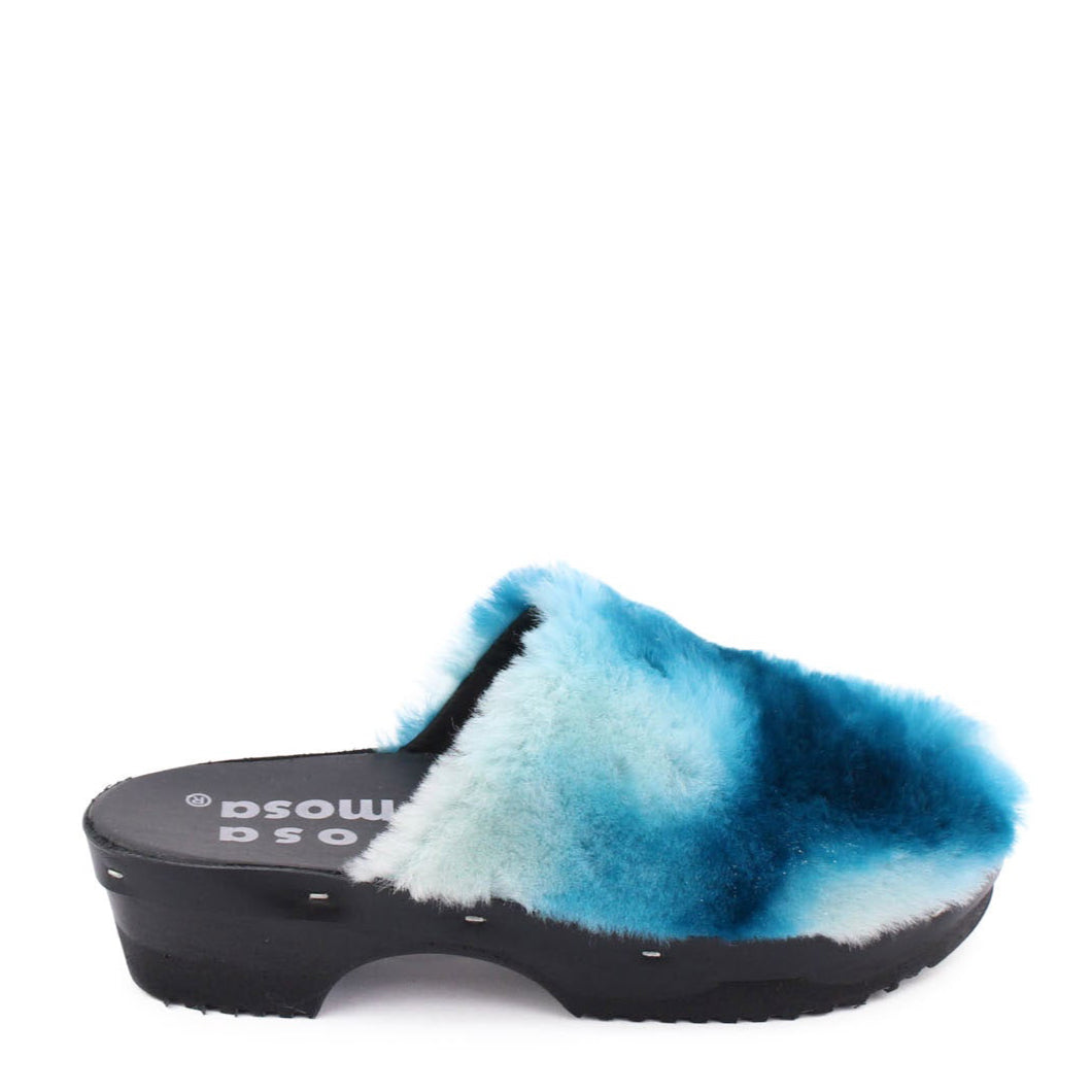 PANTO CURLY + Shearling Dark Clog Shoes + Blue Tie dye
