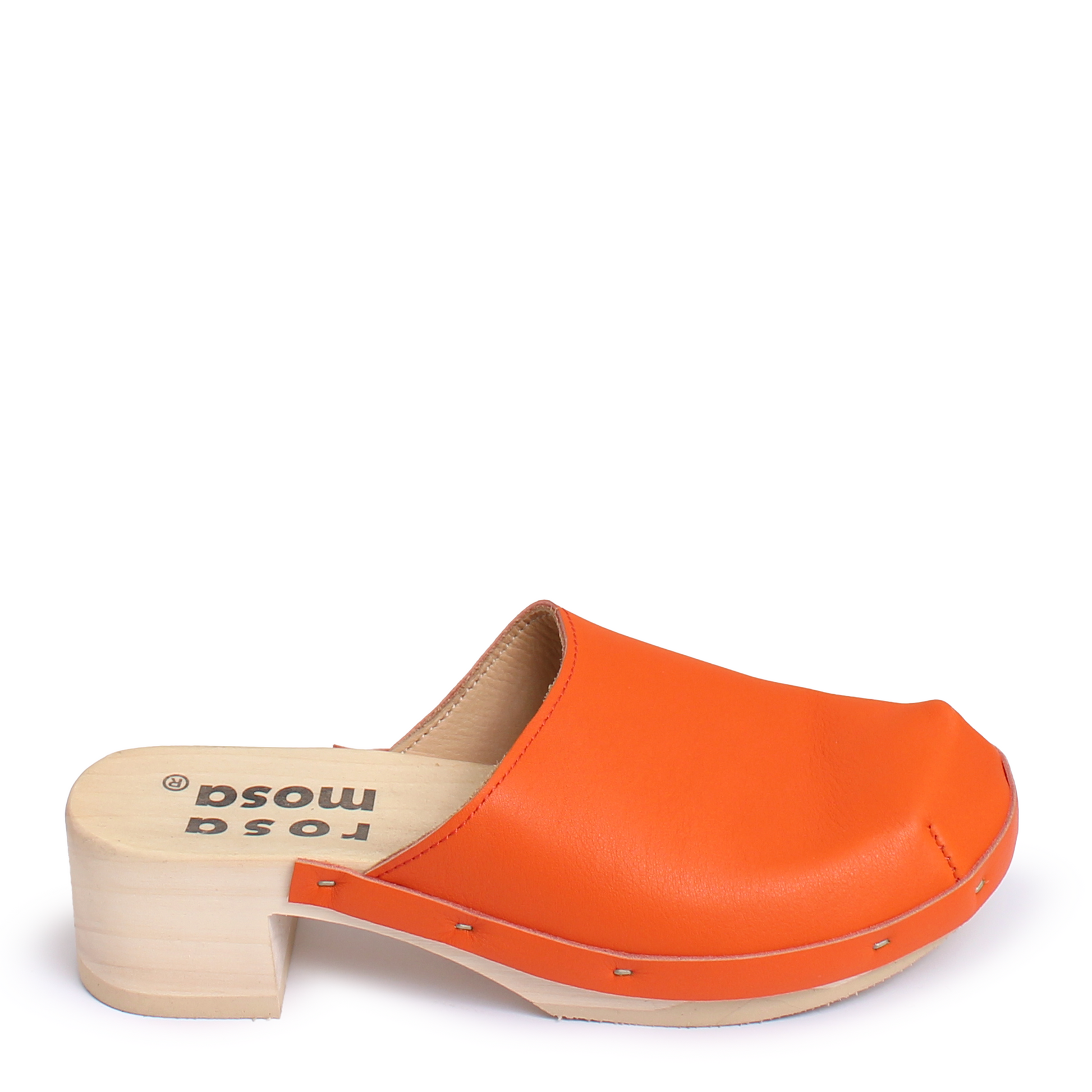 Orange clog shoe with wooden sole on a white background