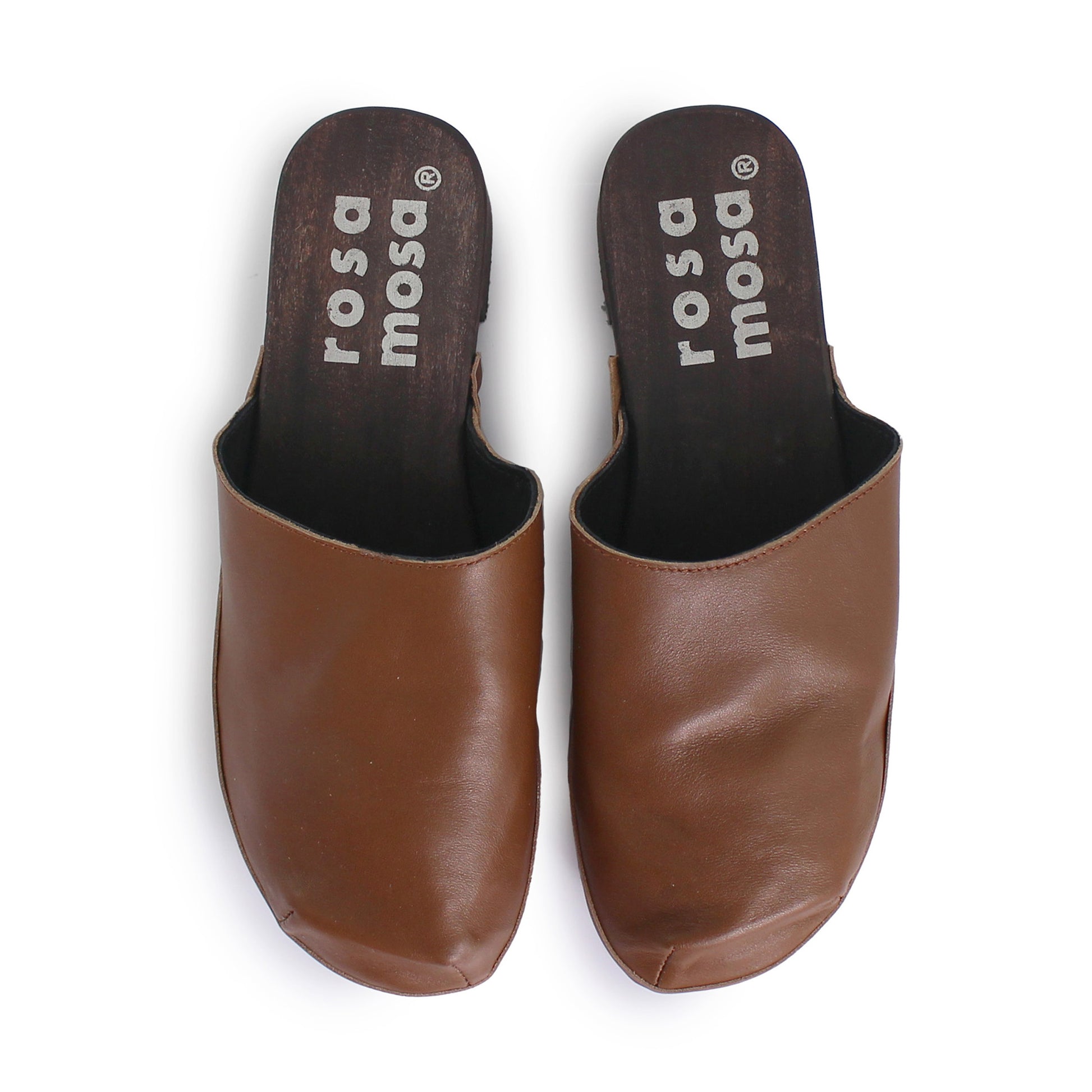 rosamosa rocco brown leather dark wooden clog