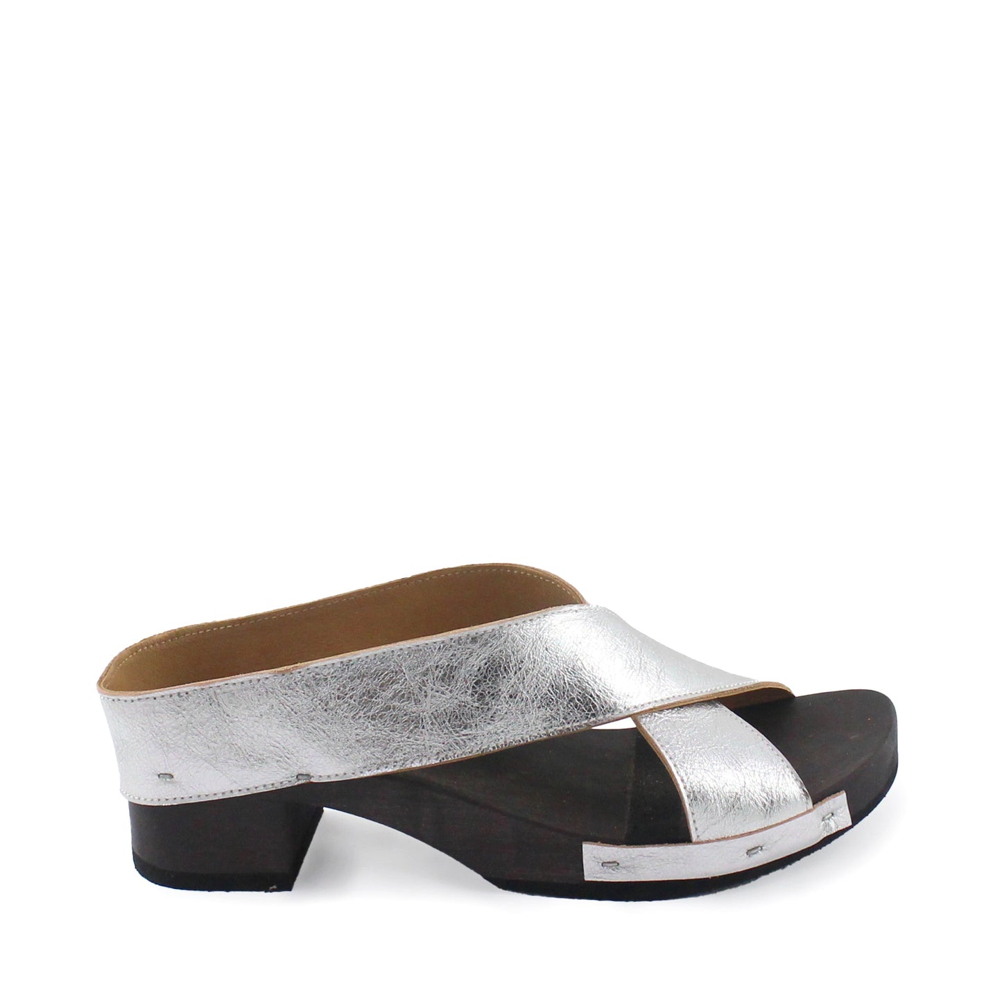 rosamosa rocco japanese x-form silver leather dark wooden clog