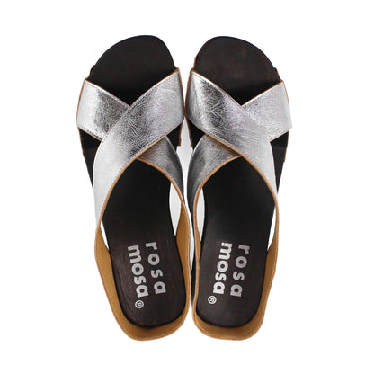 rosamosa rocco japanese x-form silver leather dark wooden clog