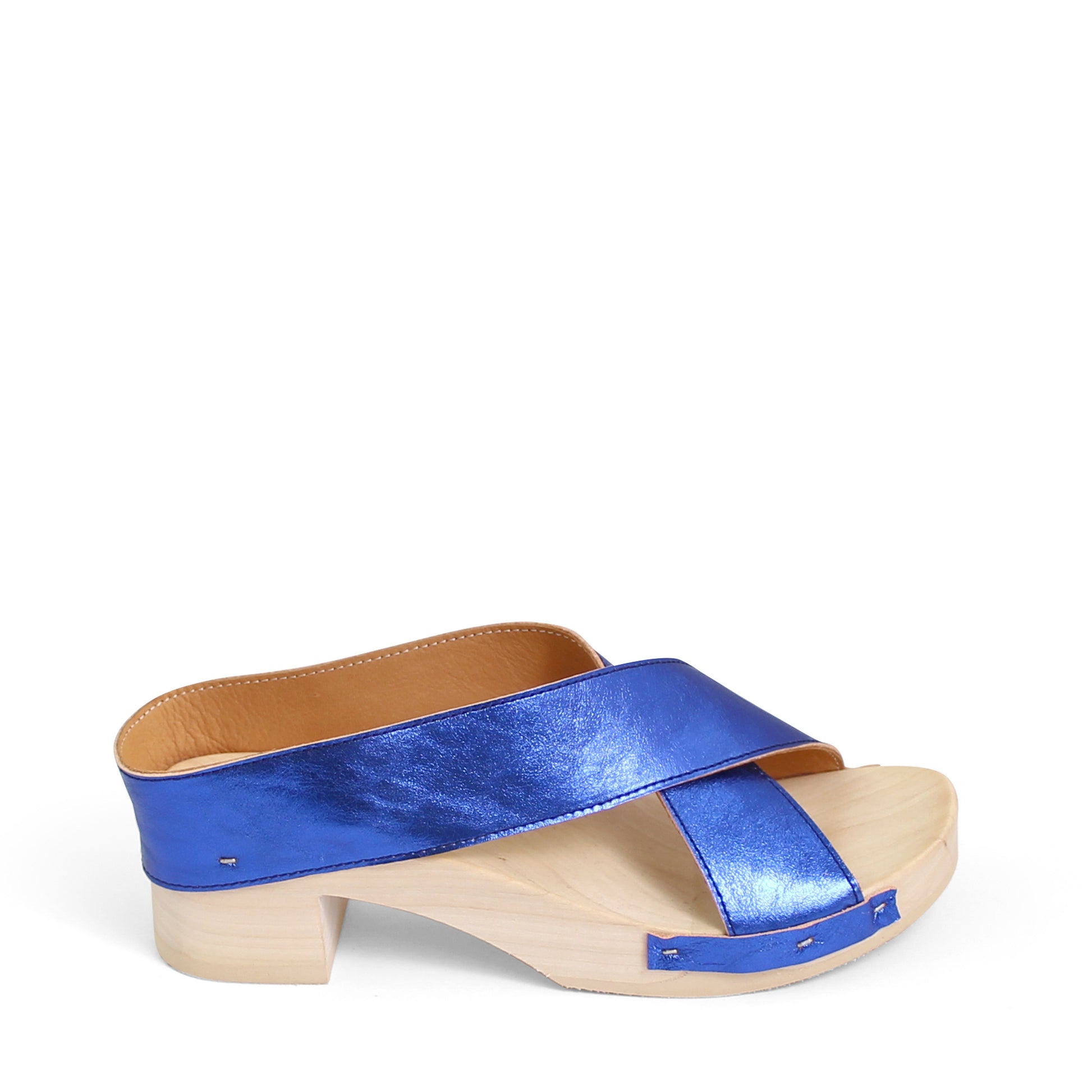 rosamosa rocco cobalt leather X form wooden clog shoe