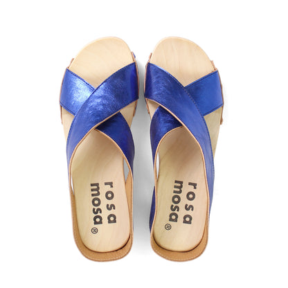 rosamosa rocco cobalt leather X form wooden clog shoe