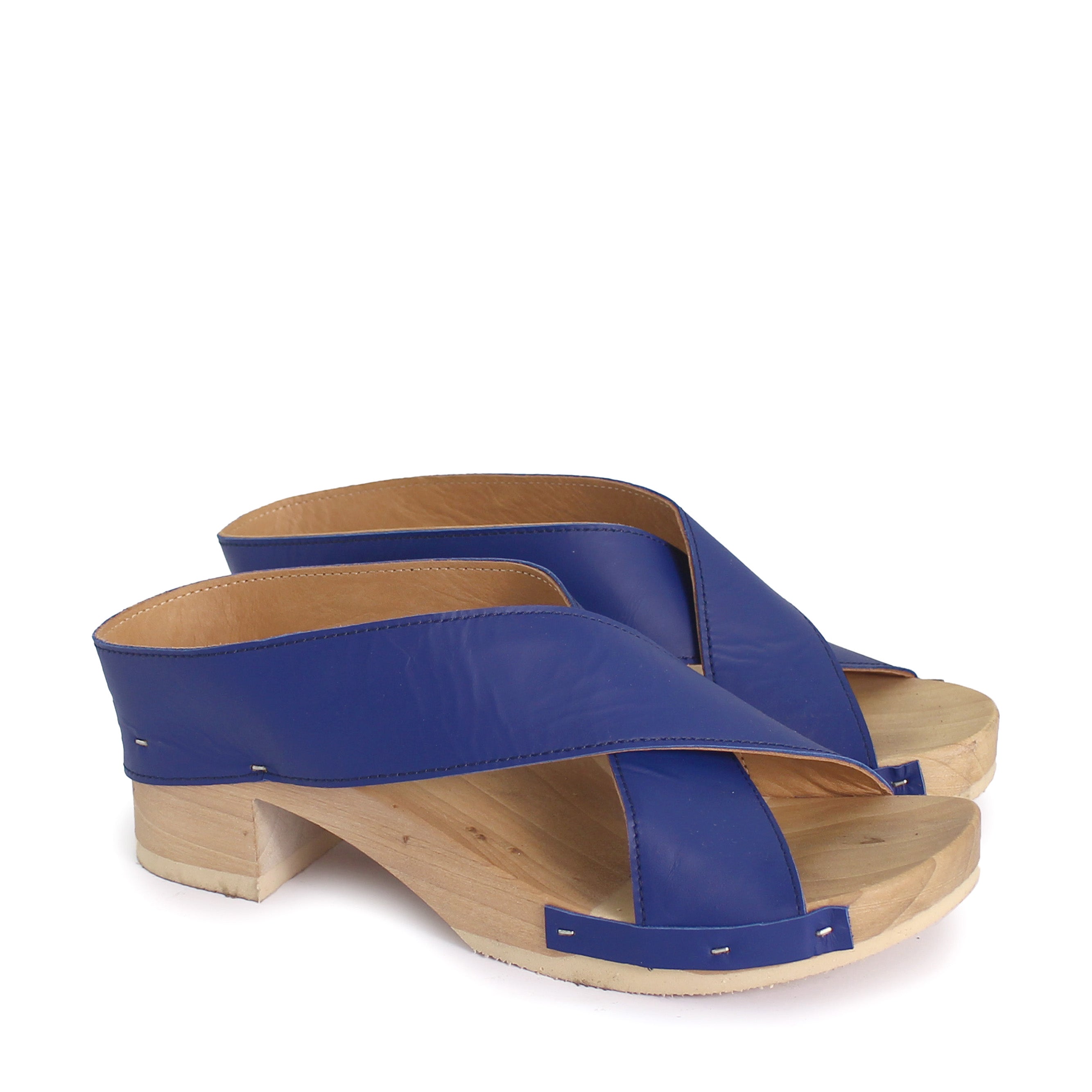 rosamosa rocco japanese x-form blue leather wooden clog