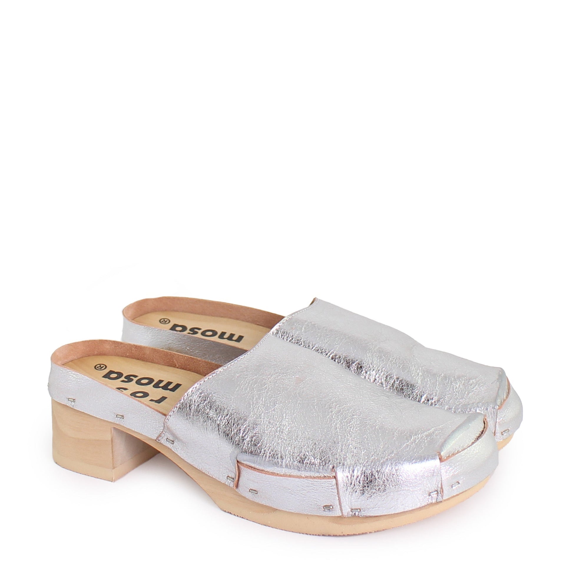 rosamosa rocco silver leather wooden clog shoe