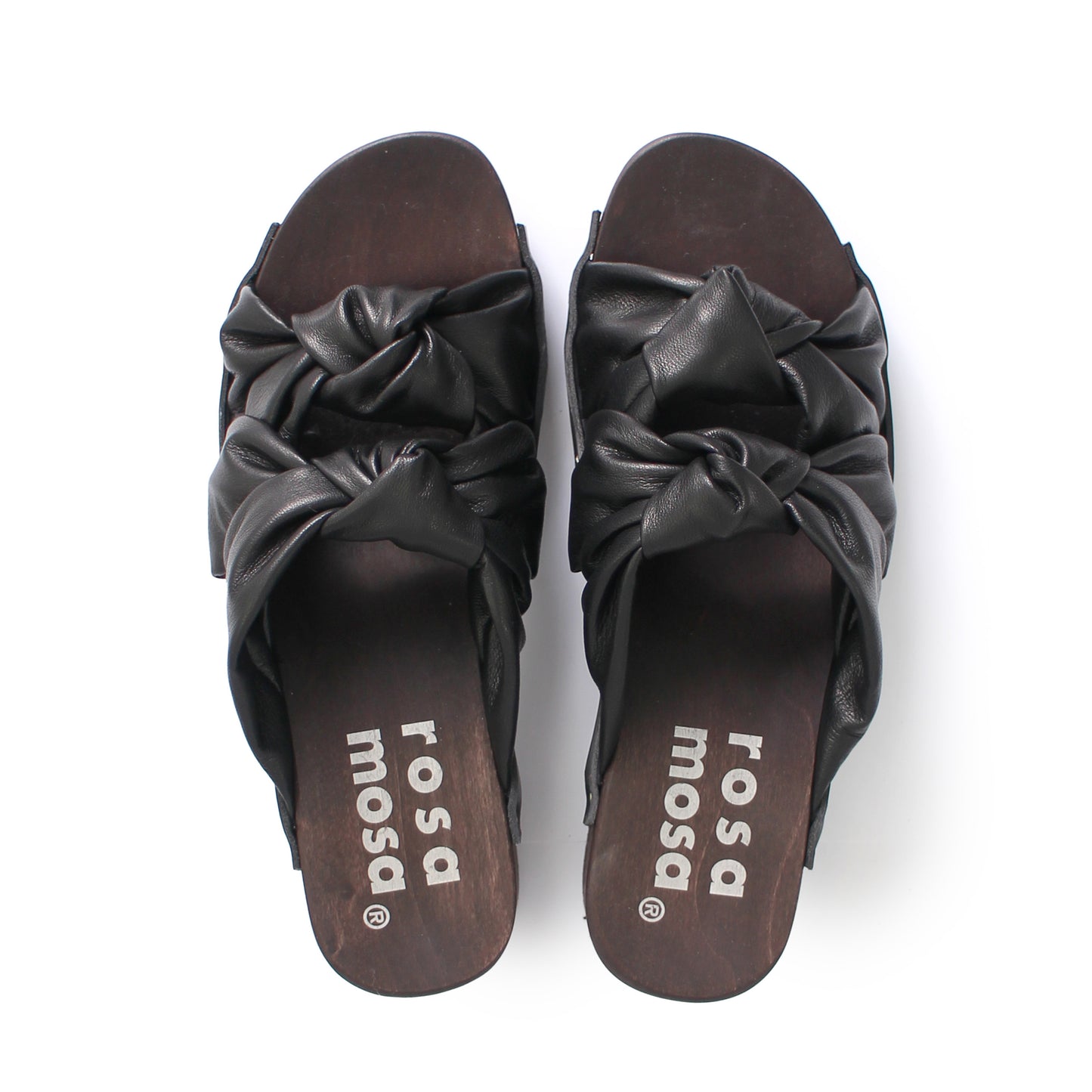 rosa mosa rocco black leather knot wooden clog shoe 