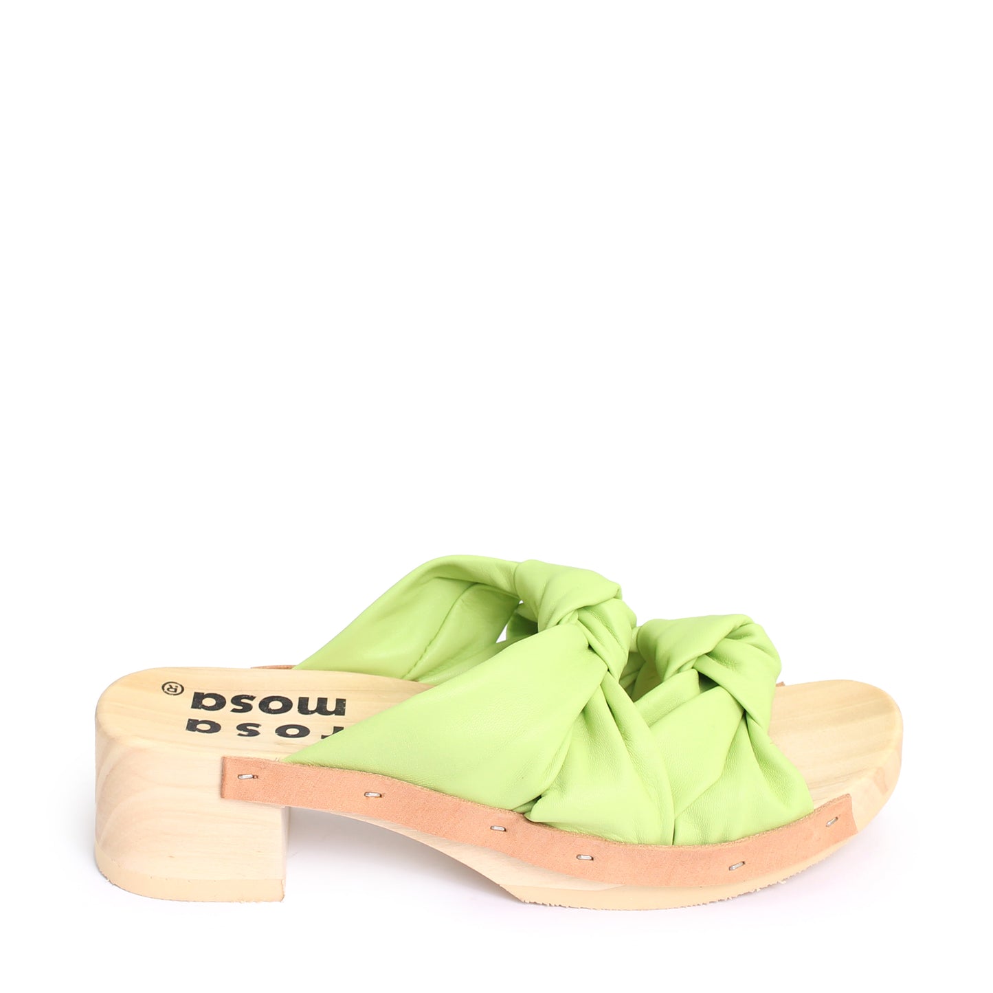 rosa mosa rocco lime green leather knot wooden clog shoe 