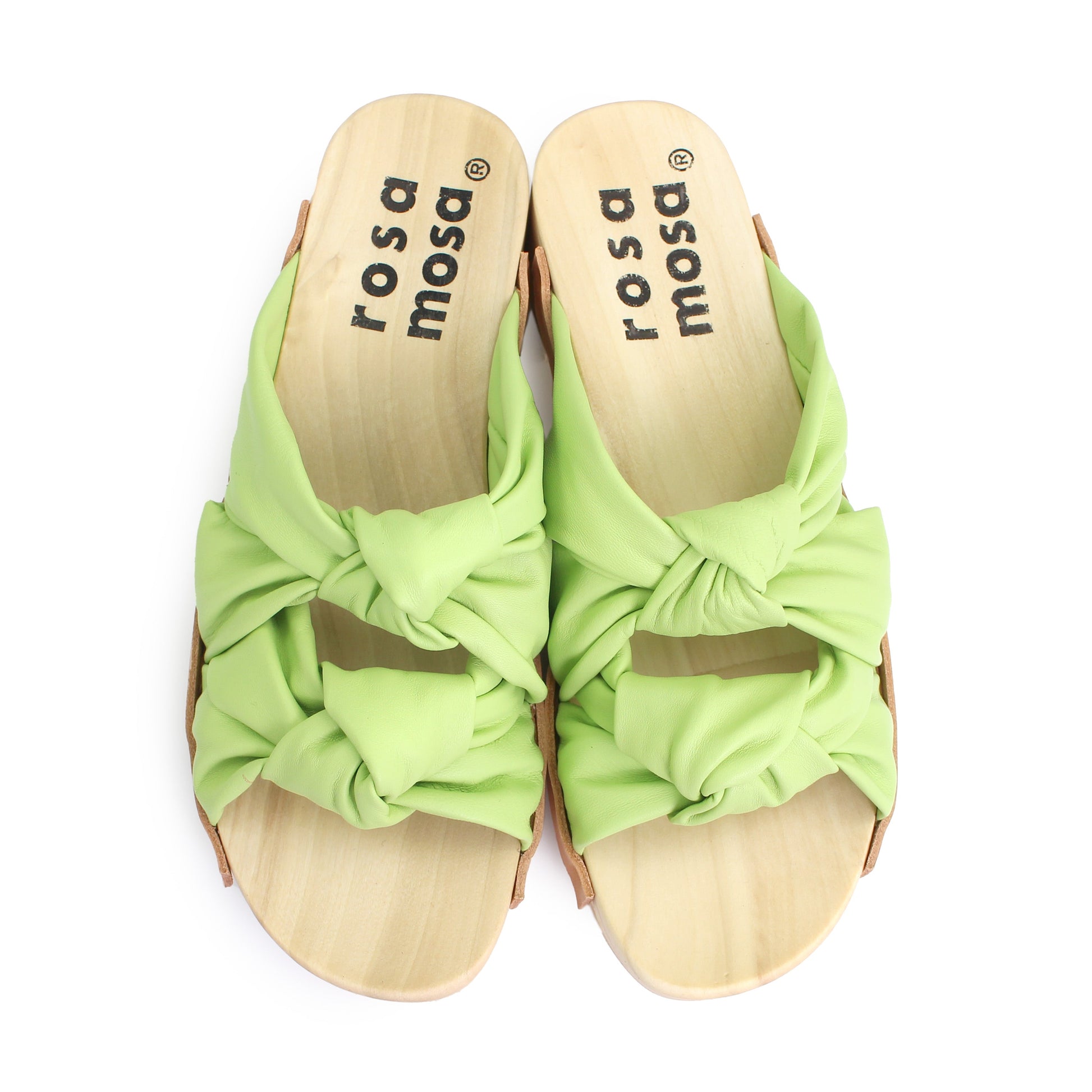 rosa mosa rocco lime green leather knot wooden clog shoe 
