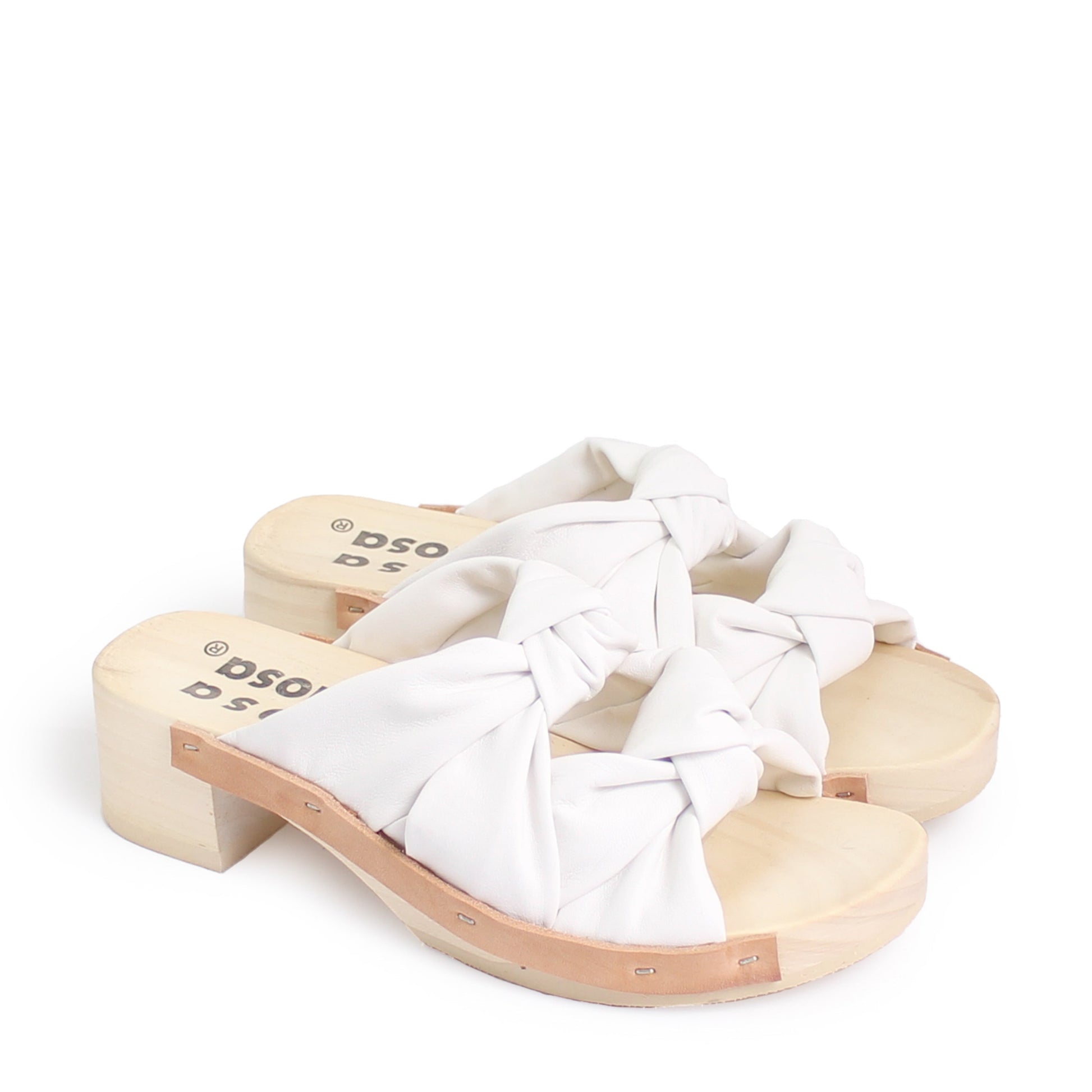 rosamosa rocco white leather knot wooden clog shoe 