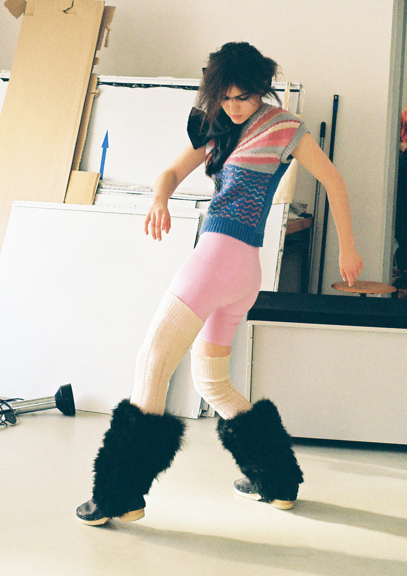BON BOOTS High + Leather Shearling Dark Clog Knee-high Boots + Black