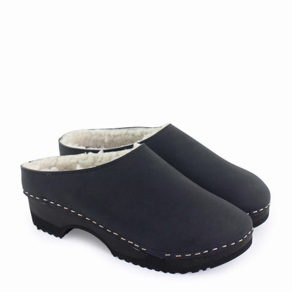 LEO Shearling + Leather Shearling Dark Clogs + Black Off-white