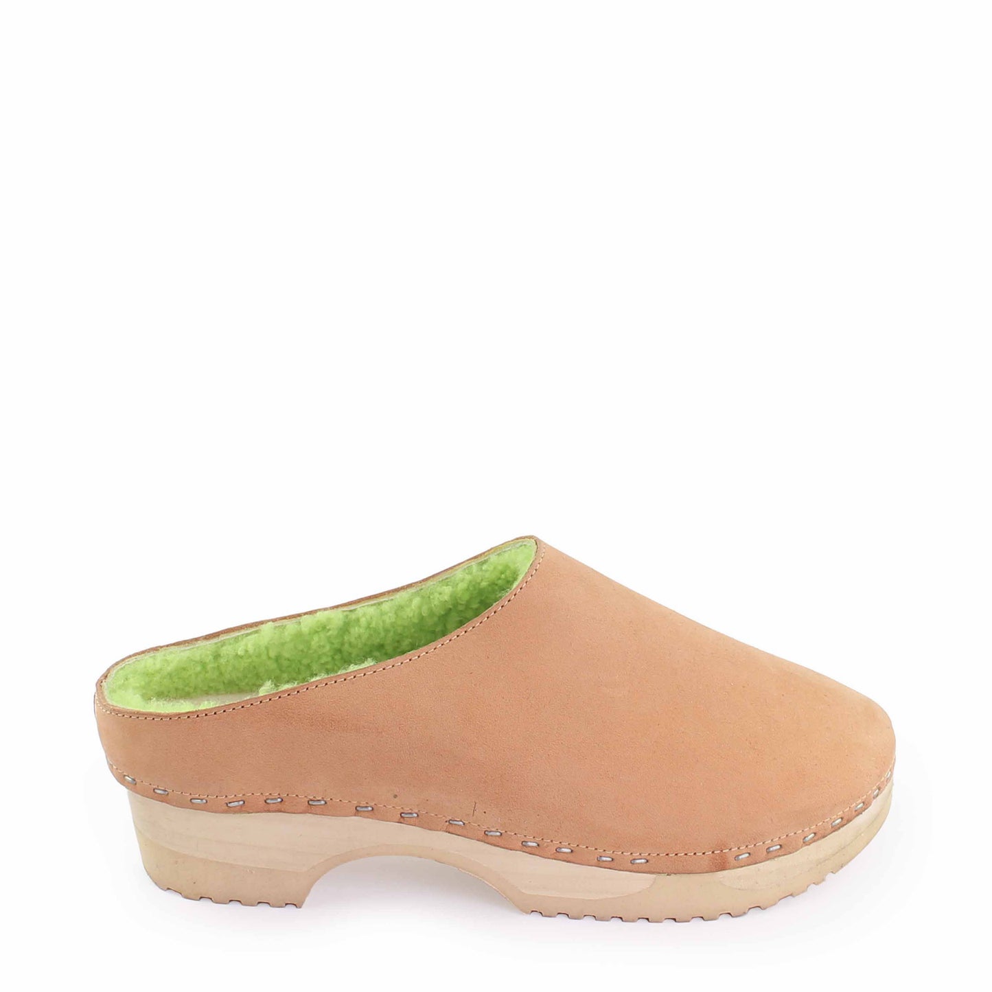 LEO Shearling + Leather Shearling Clogs + Camel Lime
