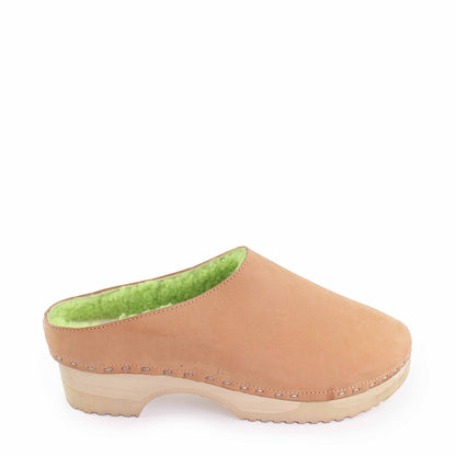 LEO Shearling + Leather Shearling Clogs + Camel Lime