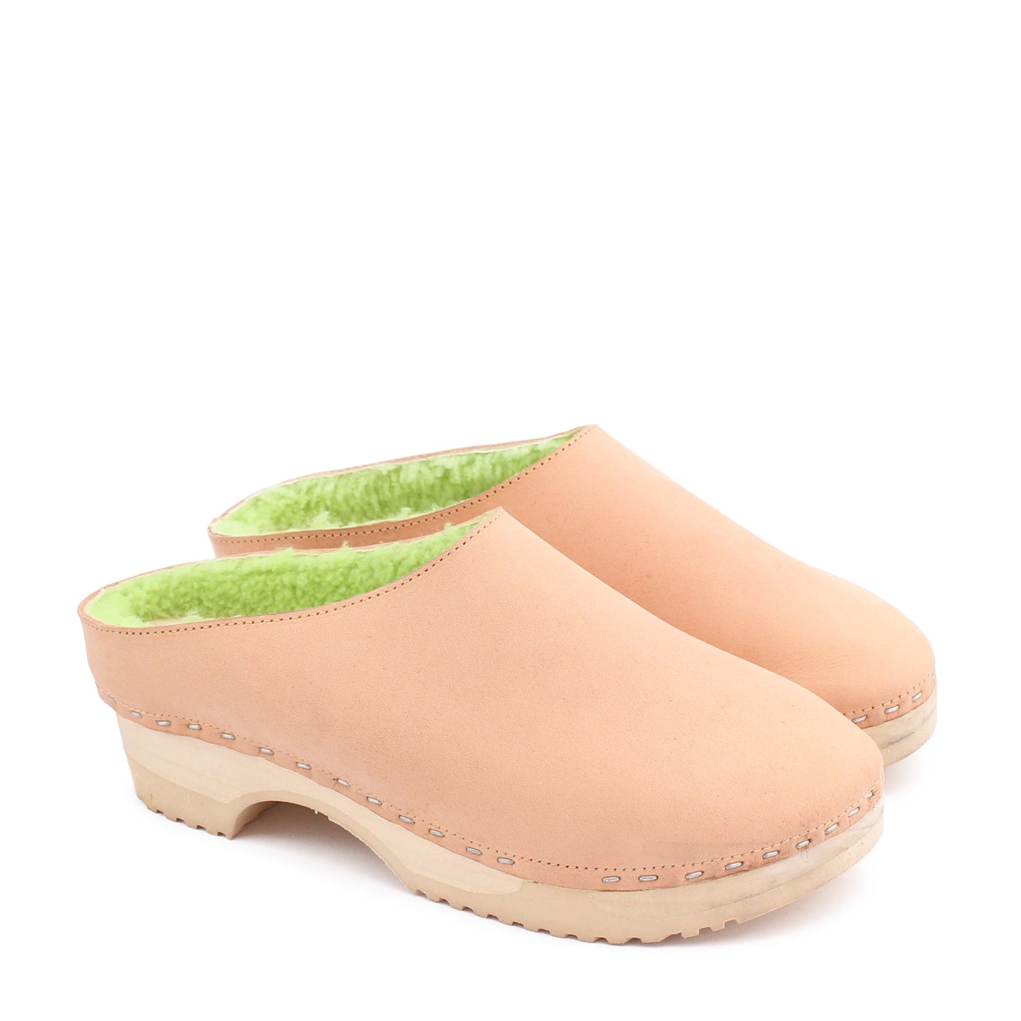 LEO Shearling + Leather Shearling Clogs + Camel Lime