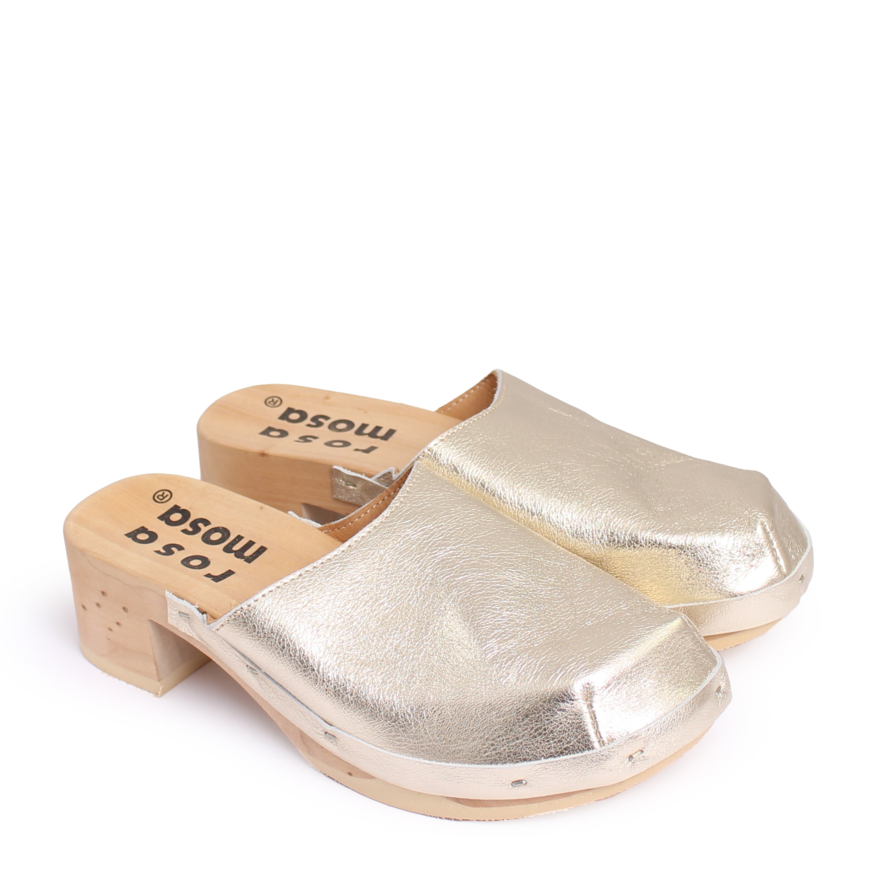 rosa mosa rocco champagne metallic  leather natural wooden clog