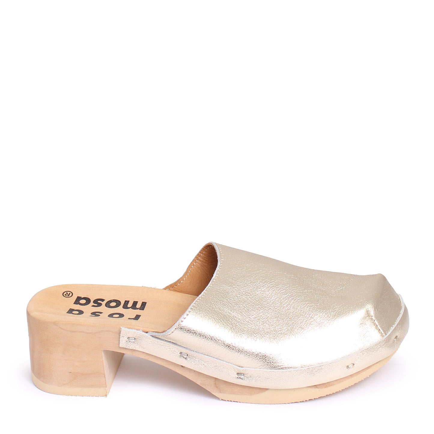 rosa mosa rocco champagne metallic  leather natural wooden clog