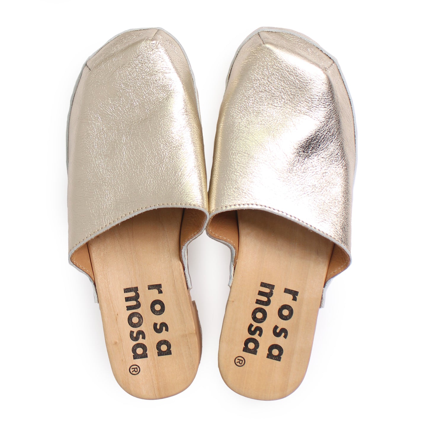 rosa mosa rocco champagne metallic  leather natural wooden clog