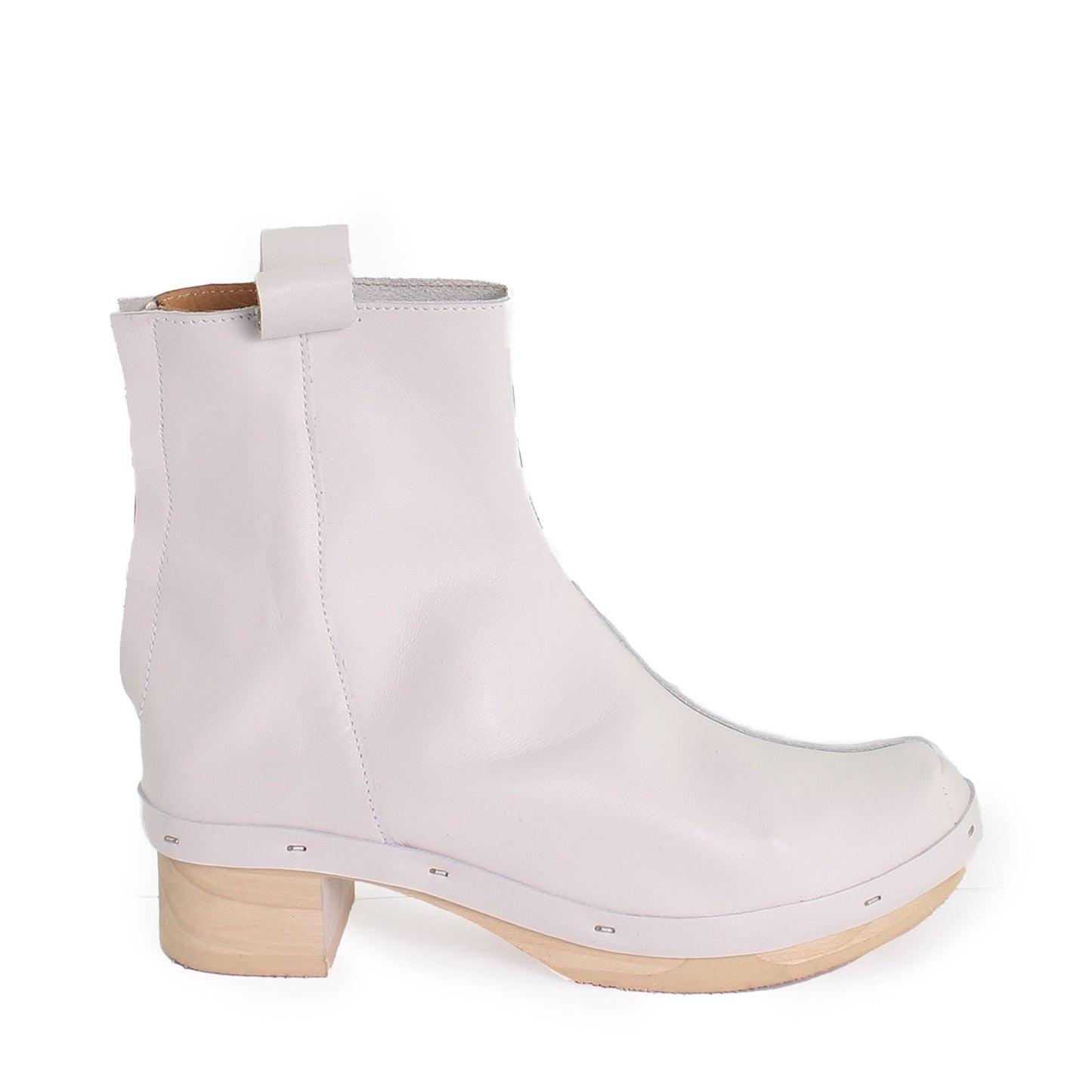 rosa mosa white leather ankle boot light wooden clog