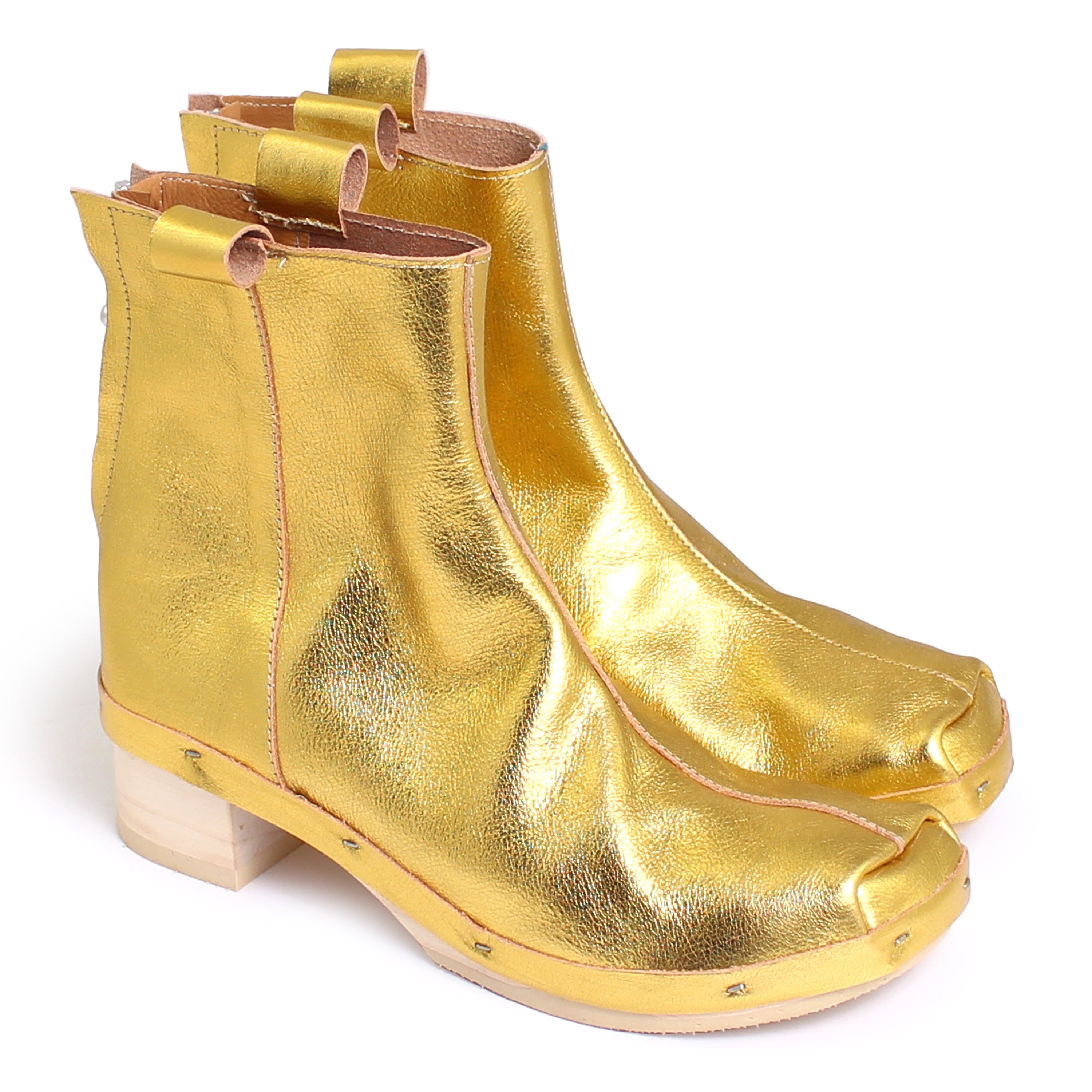 Rosa Mosa gold metallic leather ankle boot natural wooden clog boot adult woman man