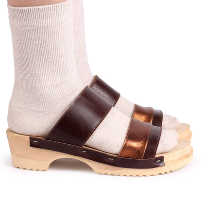 DONAU JUDO PELLE + Leather Clog Sandals + Brown Bronze