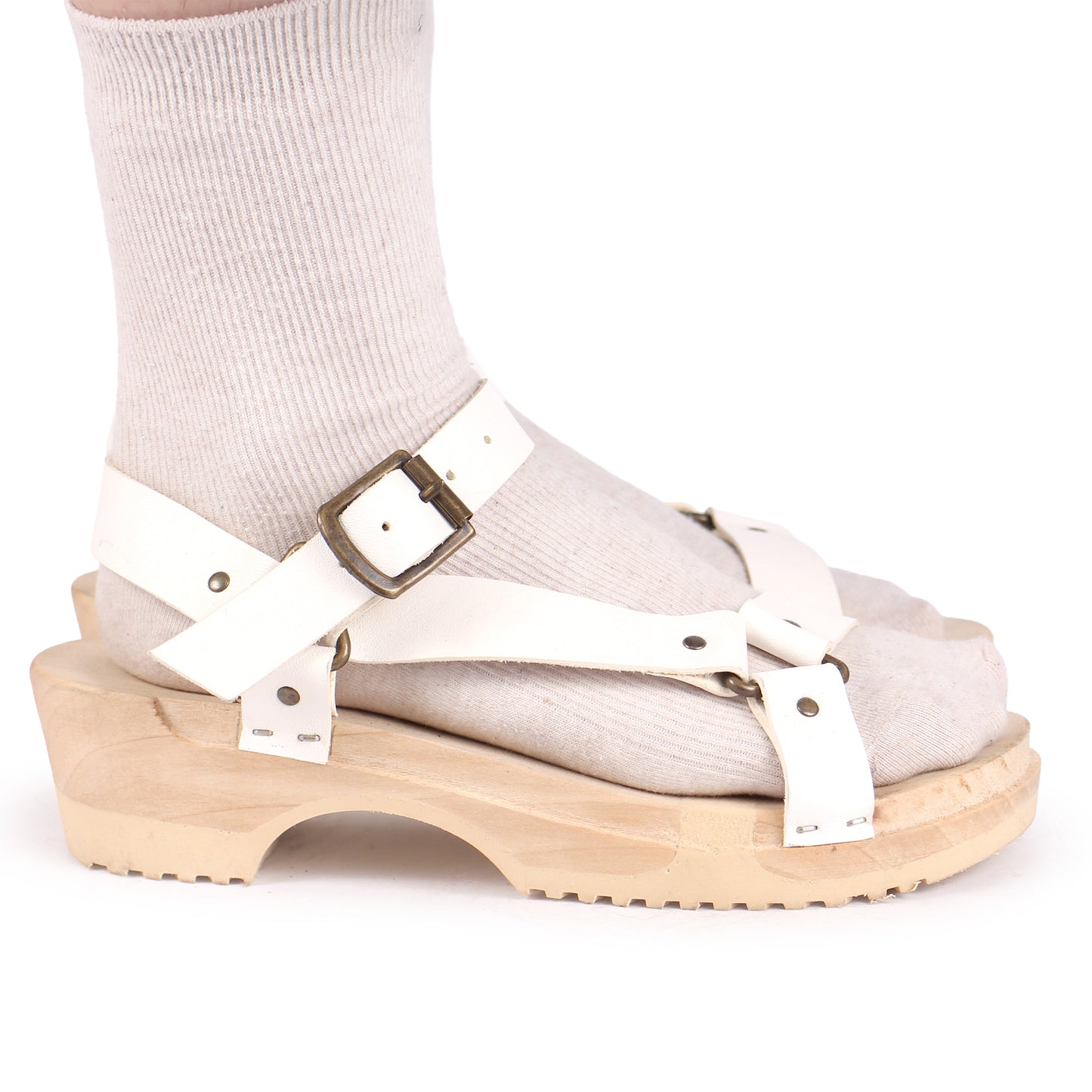 DONAU TRACK + Leather Strap Clog Sandals + White