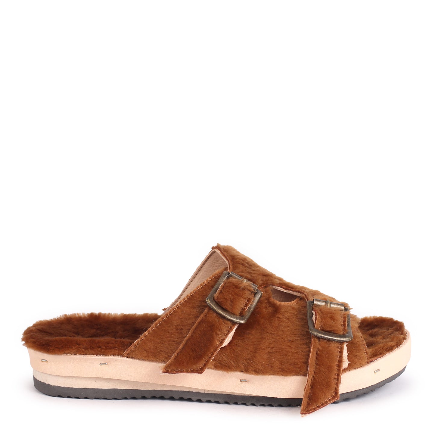 LANG FIBA SOFT + Shearling Leather Flat Clogs + Cuoio