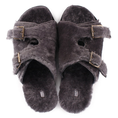 LANG FIBA SOFT + Shearling Leather Flat Clogs + Gray